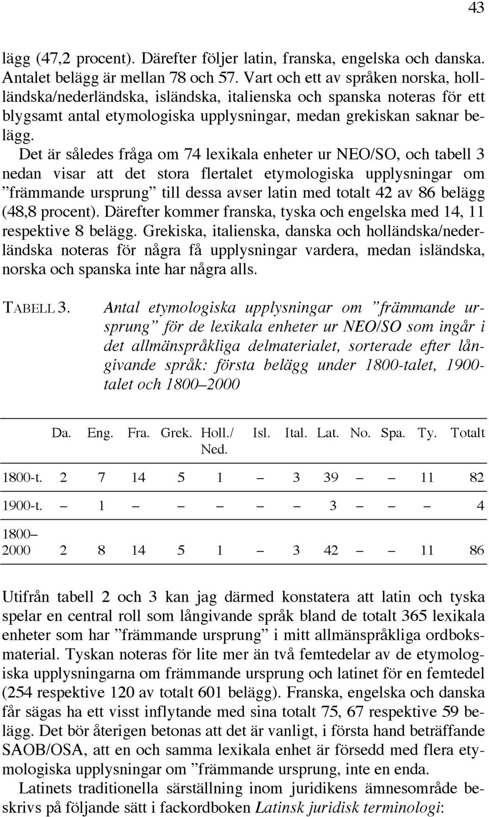 Det är således fråga om 74 lexikala enheter ur NEO/SO, och tabell 3 nedan visar att det stora flertalet etymologiska upplysningar om främmande ursprung till dessa avser latin med totalt 42 av 86
