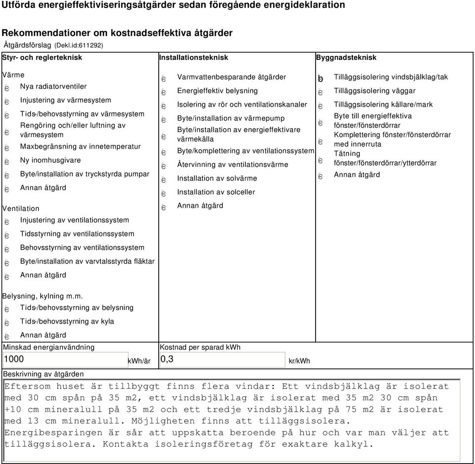 värmesystem Maxbegränsning av innetemperatur Ny inomhusgivare Byte/installation av tryckstyrda pumpar Ventilation Injustering av ventilationssystem Tidsstyrning av ventilationssystem Behovsstyrning