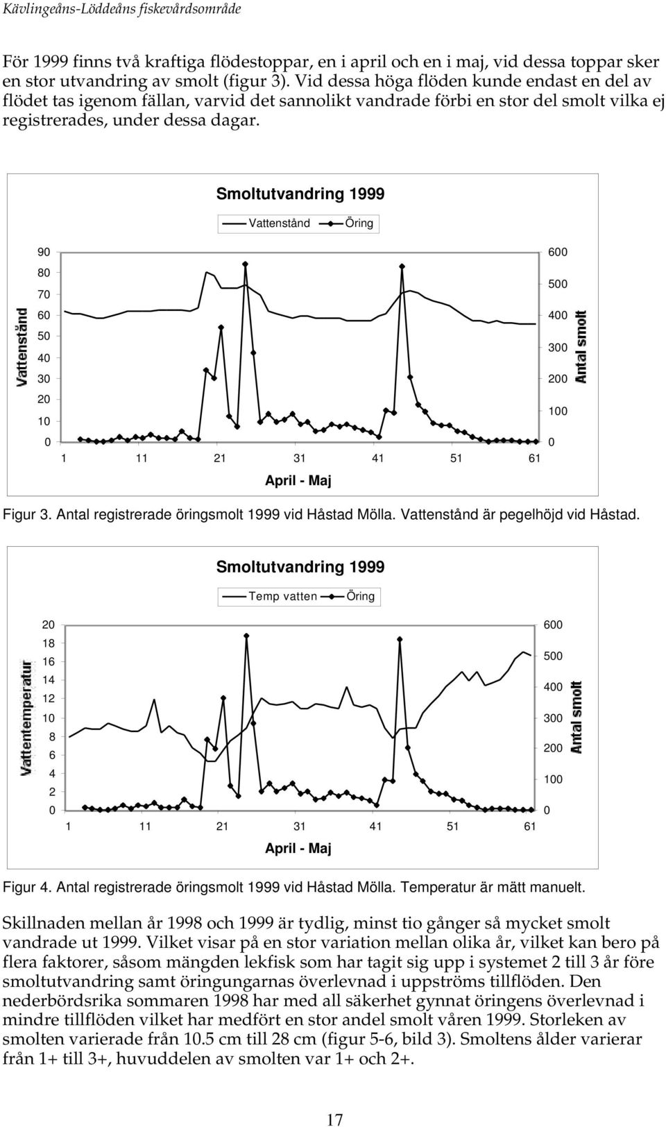Smoltutvandring 1999 Vattenstånd Öring 90 80 70 60 50 40 30 20 10 0 1 11 21 31 41 51 61 April - Maj 600 500 400 300 200 100 0 Figur 3. Antal registrerade öringsmolt 1999 vid Håstad Mölla.