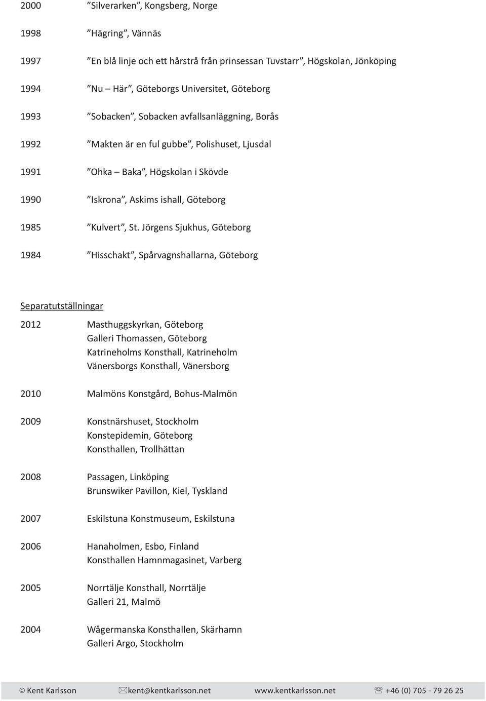 Jörgens Sjukhus, Göteborg 1984 Hisschakt, Spårvagnshallarna, Göteborg Separatutställningar 2012 Masthuggskyrkan, Göteborg Galleri Thomassen, Göteborg Katrineholms Konsthall, Katrineholm Vänersborgs