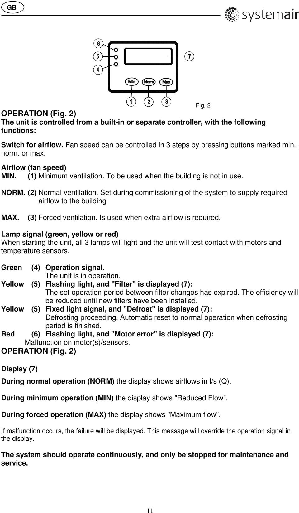 (2) Normal ventilation. Set during commissioning of the system to supply required airflow to the building MAX. (3) Forced ventilation. Is used when extra airflow is required.