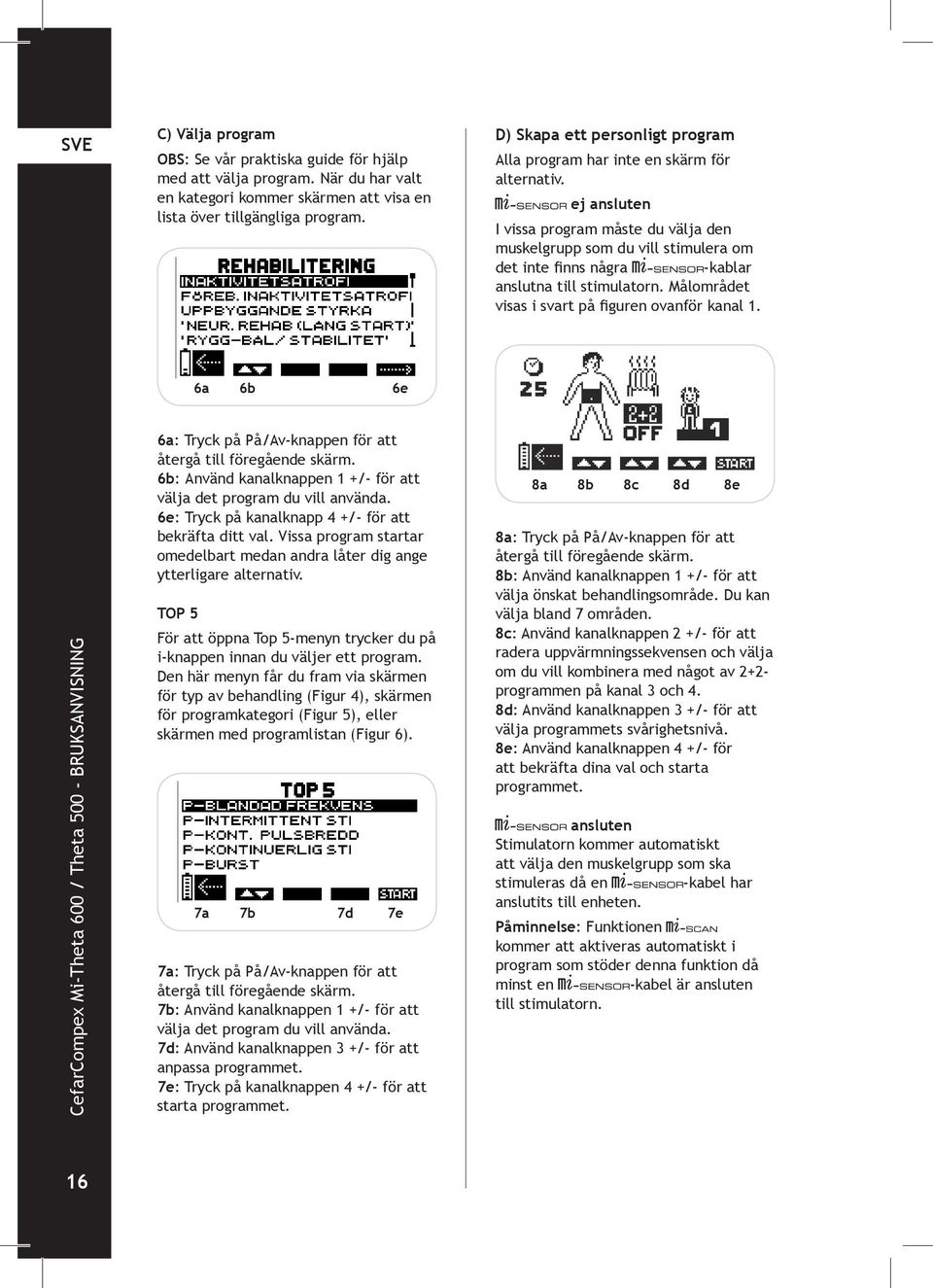 ej ansluten I vissa program måste du välja den muskelgrupp som du vill stimulera om det inte finns några -kablar anslutna till stimulatorn. Målområdet visas i svart på figuren ovanför kanal 1.
