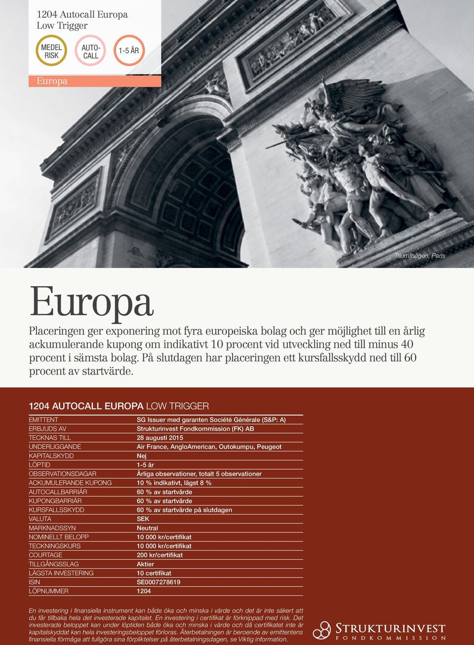 1204 AUTOCALL EUROPA LOW TRIGGER EMITTENT SG Issuer med garanten Société Générale (S&P: A) ERBJUDS AV Strukturinvest Fondkommission (FK) AB TECKNAS TILL 28 augusti 2015 UNDERLIGGANDE Air France,