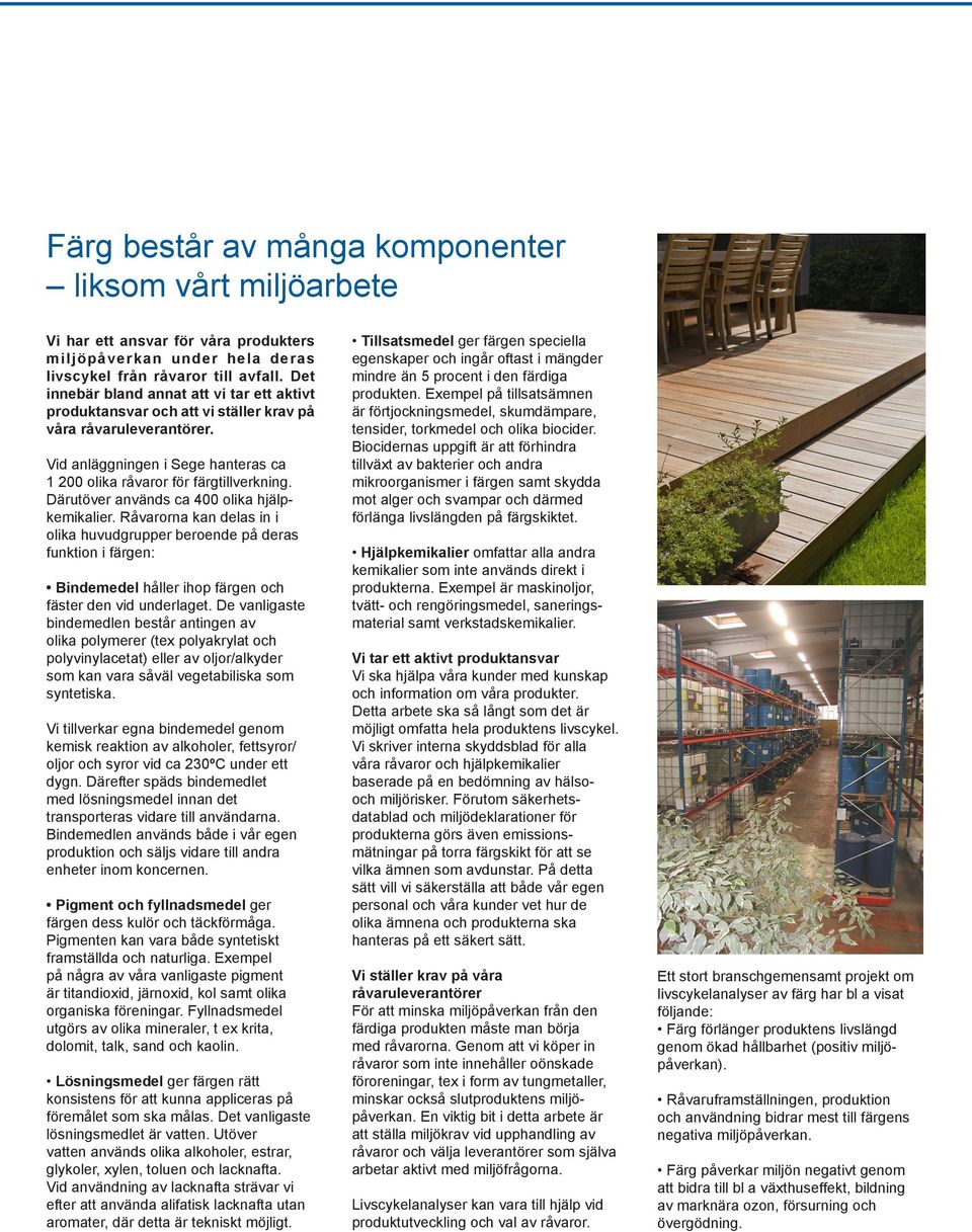 Därutöver används ca 400 olika hjälpkemikalier. Råvarorna kan delas in i olika huvudgrupper beroende på deras funktion i färgen: Bindemedel håller ihop färgen och fäster den vid underlaget.