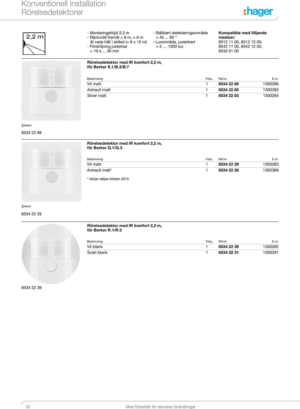 .. 90 - Luxområde, justerbart 5 000 lux Kompatibla med följande insatser: 85 00, 85 00, 854 00, 854 00, 853 0 00 Rörelsedetektor med IR komfort, m, för Berker S./B.3/B.