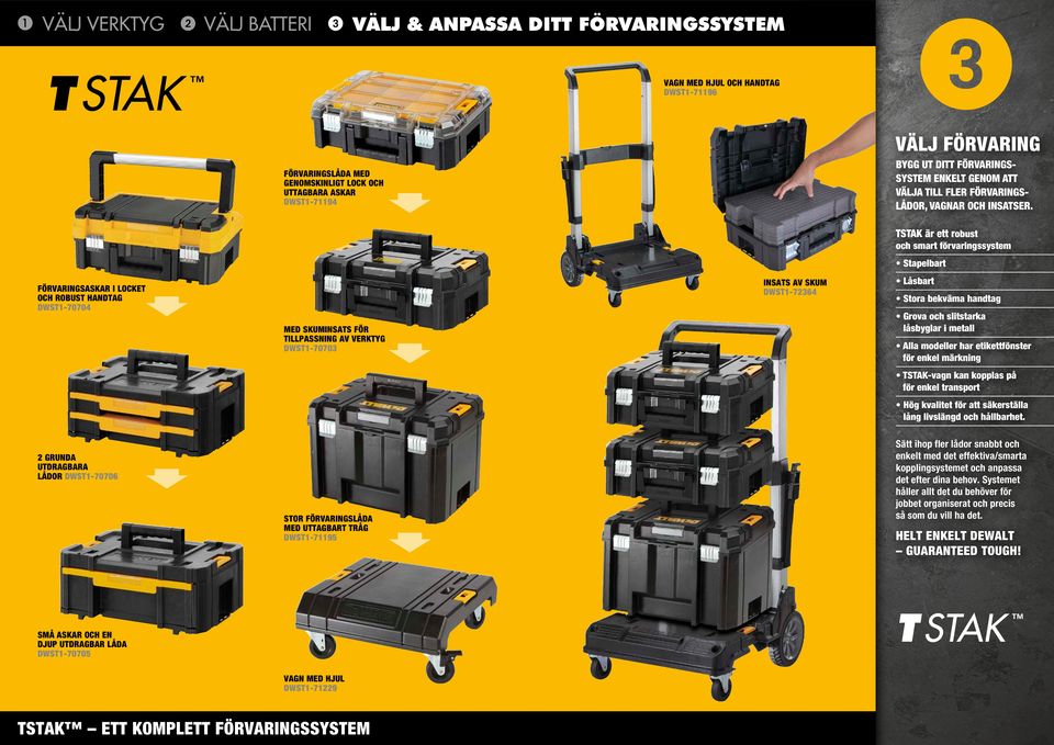 TSTAK är ett robust och smart förvaringssystem Stapelbart FÖRVARINGSASKAR I LOCKET OCH ROBUST HANDTAG DWST1-70704 MED SKUMINSATS FÖR TILLPASSNING AV VERKTYG DWST1-70703 INSATS AV SKUM DWST1-72364