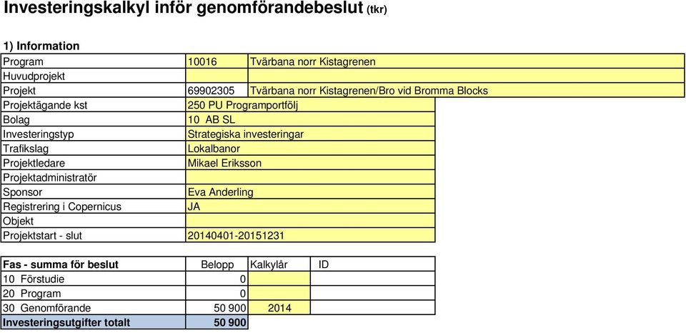 Kistagrenen Tvärbana norr Kistagrenen/Bro vid Bromma Blocks 250 PU Programportfölj 10 AB SL Strategiska investeringar Lokalbanor Mikael Eriksson