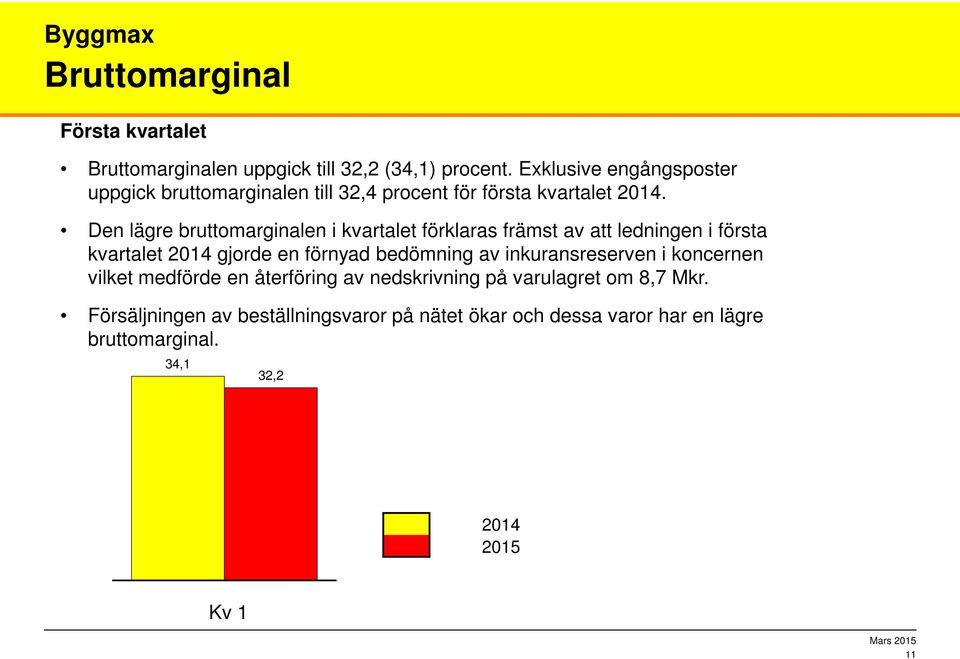 Den lägre bruttomarginalen i kvartalet förklaras främst av att ledningen i första kvartalet 2014 gjorde en förnyad bedömning av