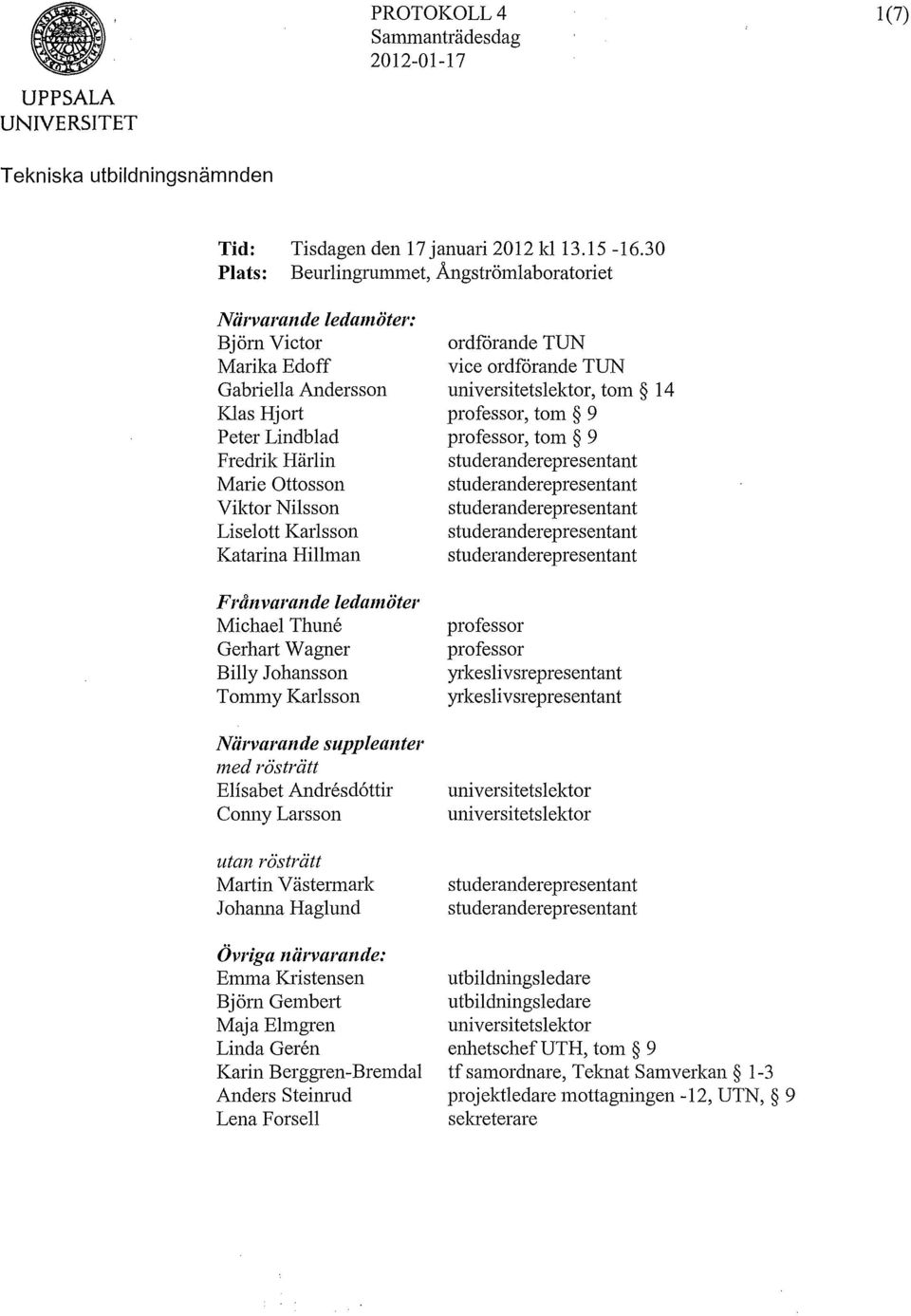 Karlsson Katarina Hillman Frånvarande ledamöter Michael Thune Gerhart Wagner Billy Johansson Tommy Karlsson Niirvarande suppleanter med rösträtt Elisabet Andresd6ttir Conny Larsson utan rösträtt