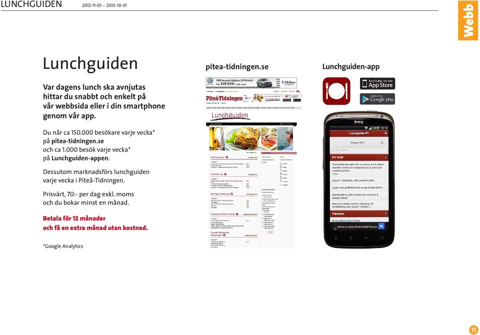 000 besök varje vecka* på Lunchguiden-appen. Dessutom marknadsförs lunchguiden varje vecka i Piteå-Tidningen.