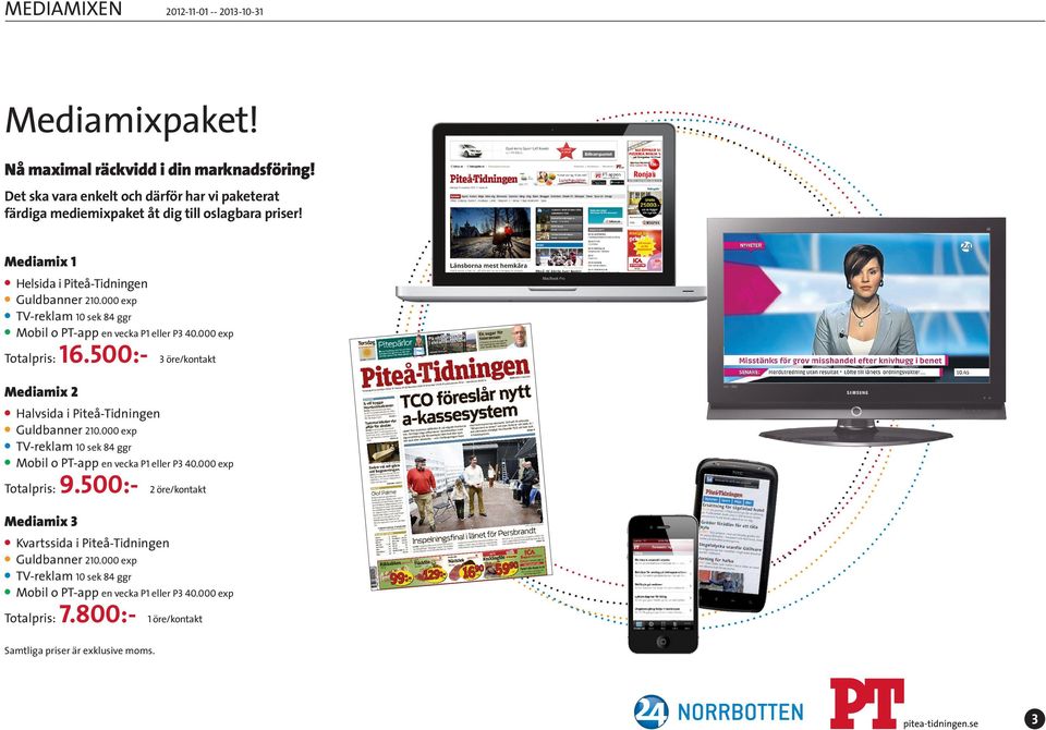000 exp TV-reklam 10 sek 84 ggr Mobil o PT-app en vecka P1 eller P3 40.000 exp Totalpris: 16.500:- 3 öre/kontakt Mediamix 2 Halvsida i Piteå-Tidningen Guldbanner 210.
