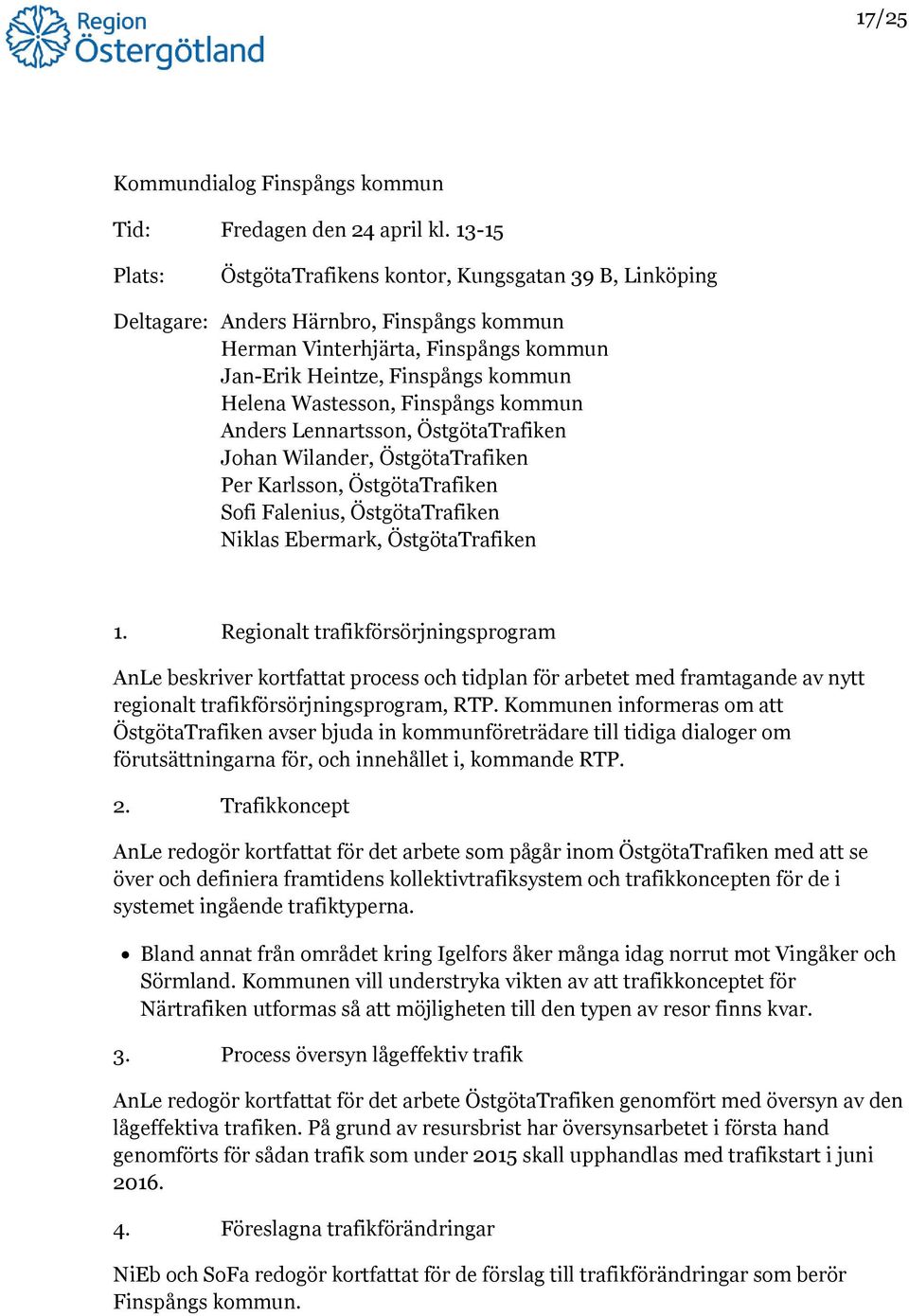 Finspångs kommun Anders Lennartsson, ÖstgötaTrafiken Johan Wilander, ÖstgötaTrafiken Per Karlsson, ÖstgötaTrafiken Sofi Falenius, ÖstgötaTrafiken Niklas Ebermark, ÖstgötaTrafiken 1.