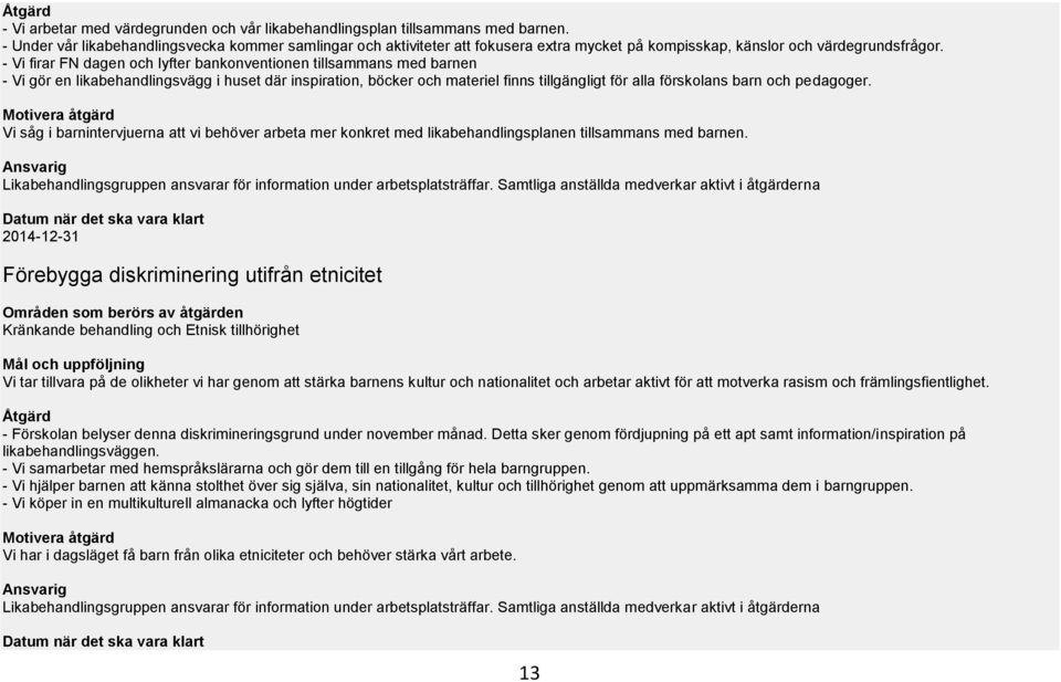 - Vi firar FN dagen och lyfter bankonventionen tillsammans med barnen - Vi gör en likabehandlingsvägg i huset där inspiration, böcker och materiel finns tillgängligt för alla förskolans barn och