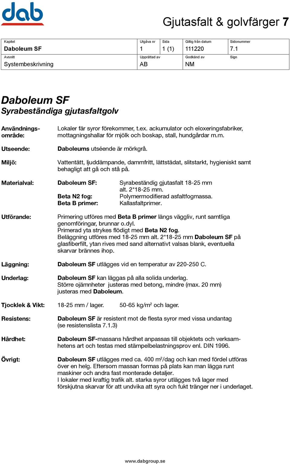 Vattentätt, ljuddämpande, dammfritt, lättstädat, slitstarkt, hygieniskt samt behagligt att gå och stå på. Materialval: Daboleum SF: Beta N2 fog: Beta B primer: Syrabeständig gjutasfalt 18-25 mm alt.