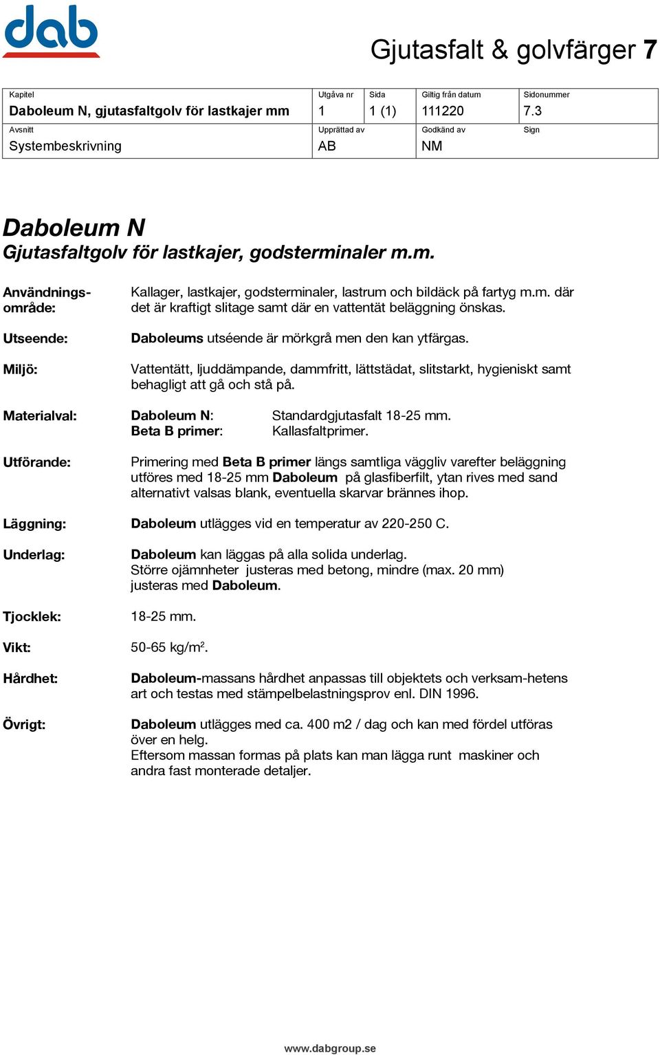 Vattentätt, ljuddämpande, dammfritt, lättstädat, slitstarkt, hygieniskt samt behagligt att gå och stå på. Materialval: Daboleum N: Beta B primer: Standardgjutasfalt 18-25 mm. Kallasfaltprimer.