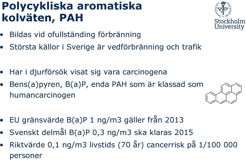 PAH som är klassad som humancarcinogen EU gränsvärde B(a)P 1 ng/m3 gäller från 2013 Svenskt delmål
