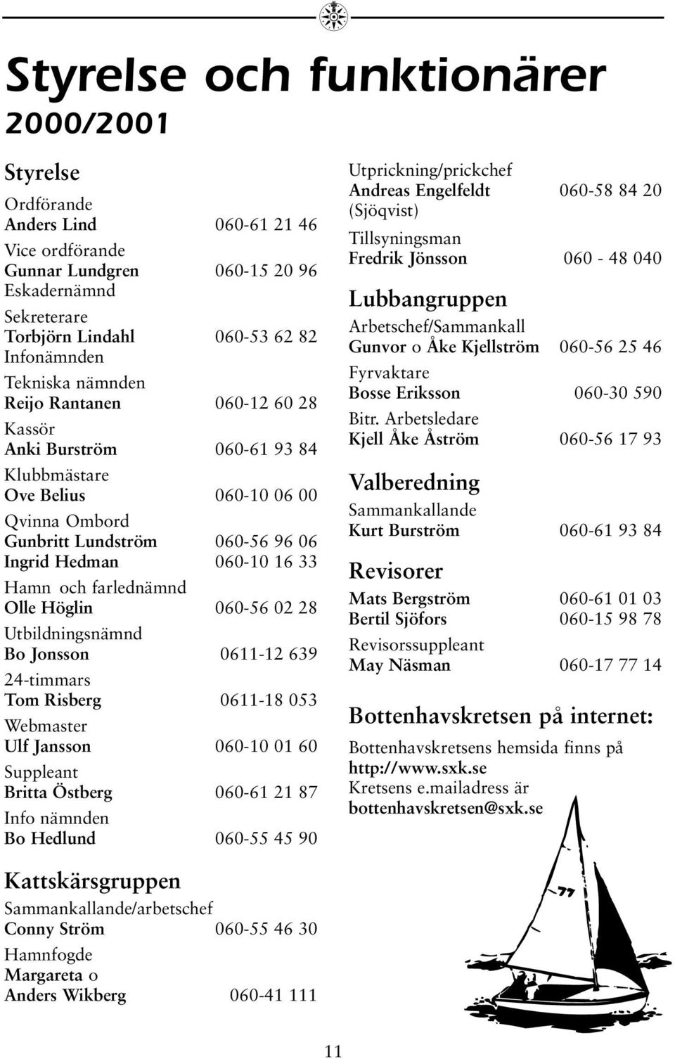 farlednämnd Olle Höglin 060-56 02 28 Utbildningsnämnd Bo Jonsson 0611-12 639 24-timmars Tom Risberg 0611-18 053 Webmaster Ulf Jansson 060-10 01 60 Suppleant Britta Östberg 060-61 21 87 Info nämnden