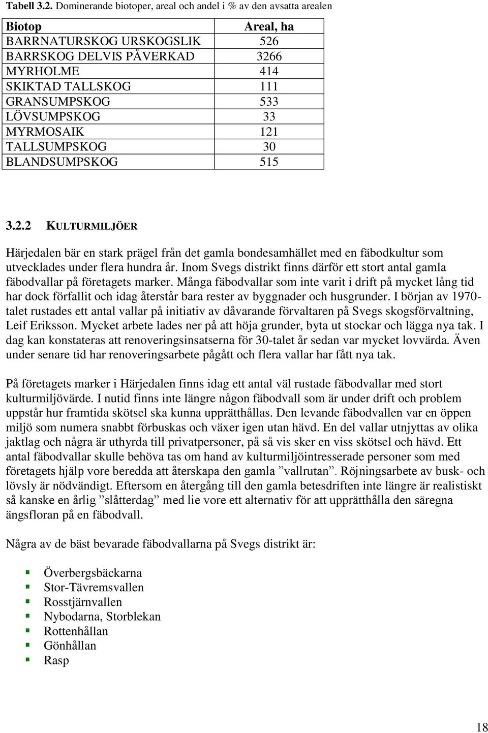 LÖVSUMPSKOG 33 MYRMOSAIK 121 TALLSUMPSKOG 30 BLANDSUMPSKOG 515 3.2.2 KULTURMILJÖER Härjedalen bär en stark prägel från det gamla bondesamhället med en fäbodkultur som utvecklades under flera hundra år.