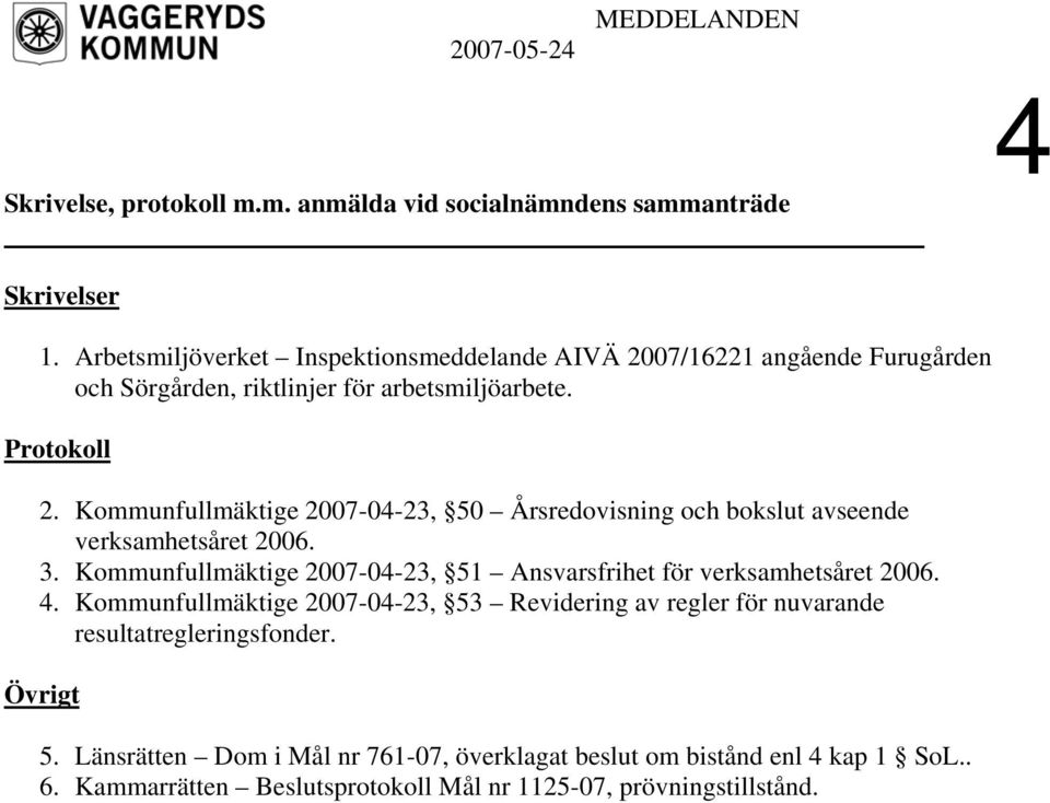 Kommunfullmäktige 2007-04-23, 50 Årsredovisning och bokslut avseende verksamhetsåret 2006. 3. Kommunfullmäktige 2007-04-23, 51 Ansvarsfrihet för verksamhetsåret 2006.