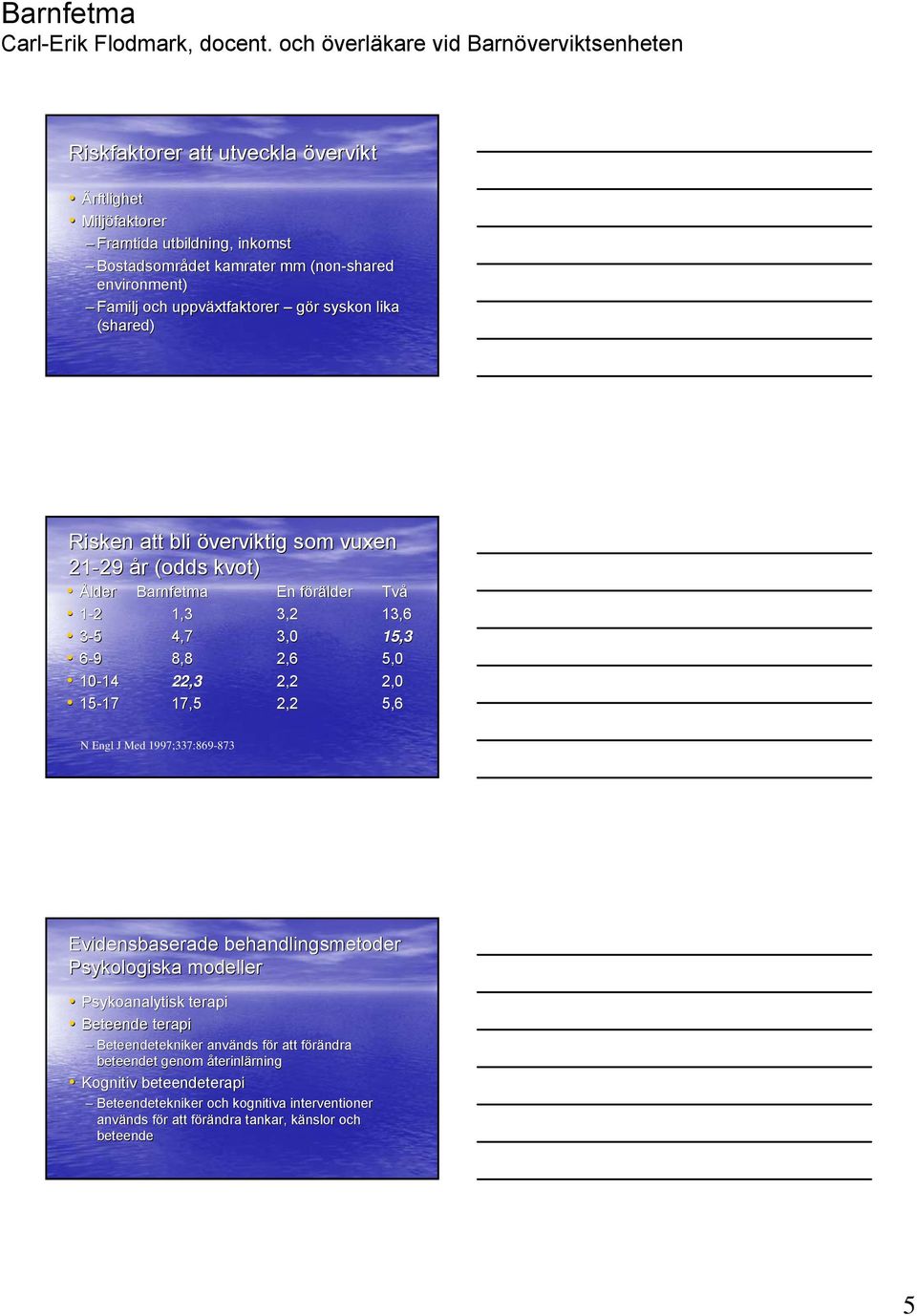 2,0 15-17 17 17,5 2,2 5,6 N Engl J Med 1997;337:869-873 Evidensbaserade behandlingsmetoder Psykologiska modeller Psykoanalytisk terapi Beteende terapi Beteendetekniker används nds för f