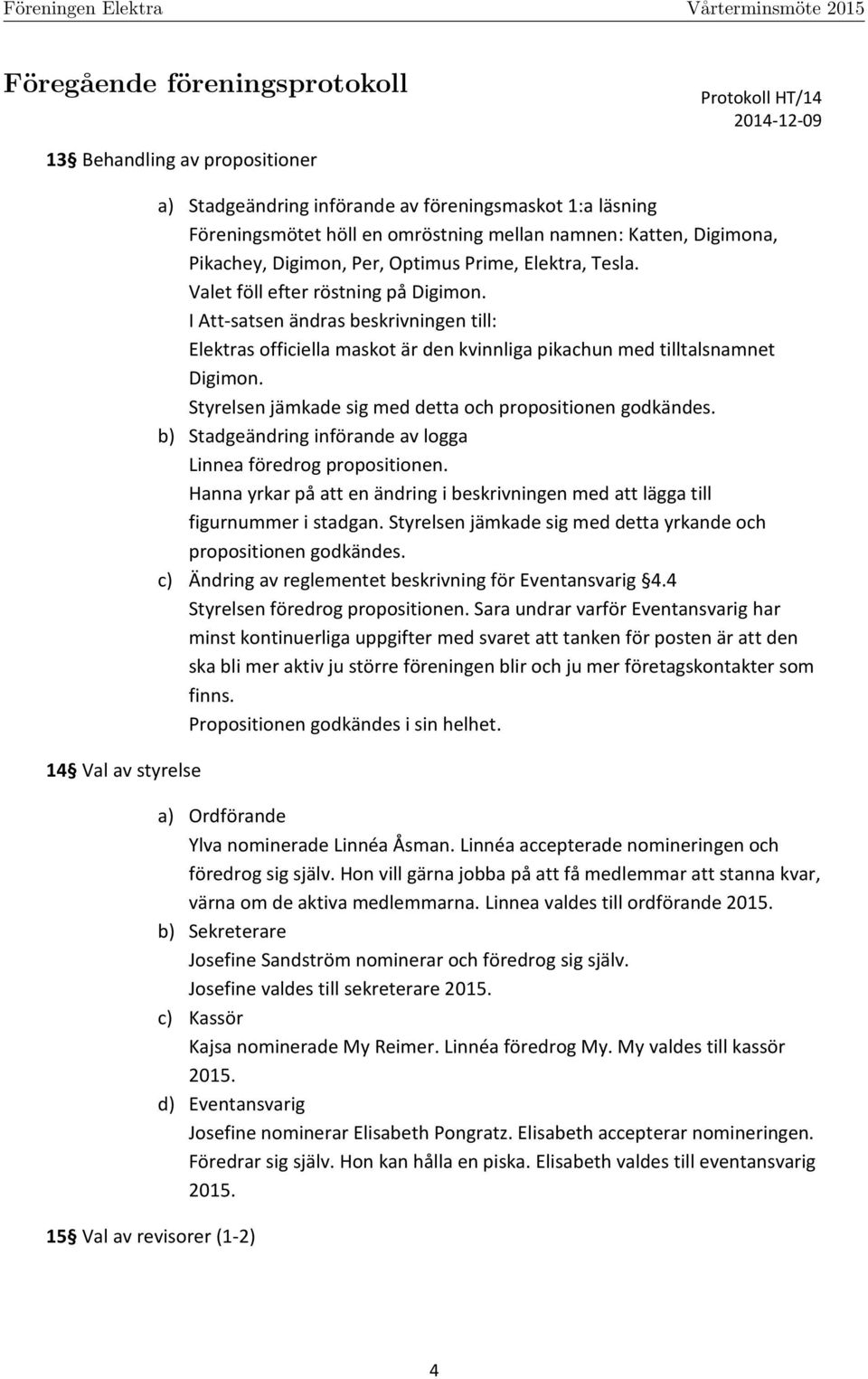 I Att-satsen ändras beskrivningen till: Elektras officiella maskot är den kvinnliga pikachun med tilltalsnamnet Digimon. Styrelsen jämkade sig med detta och propositionen godkändes.