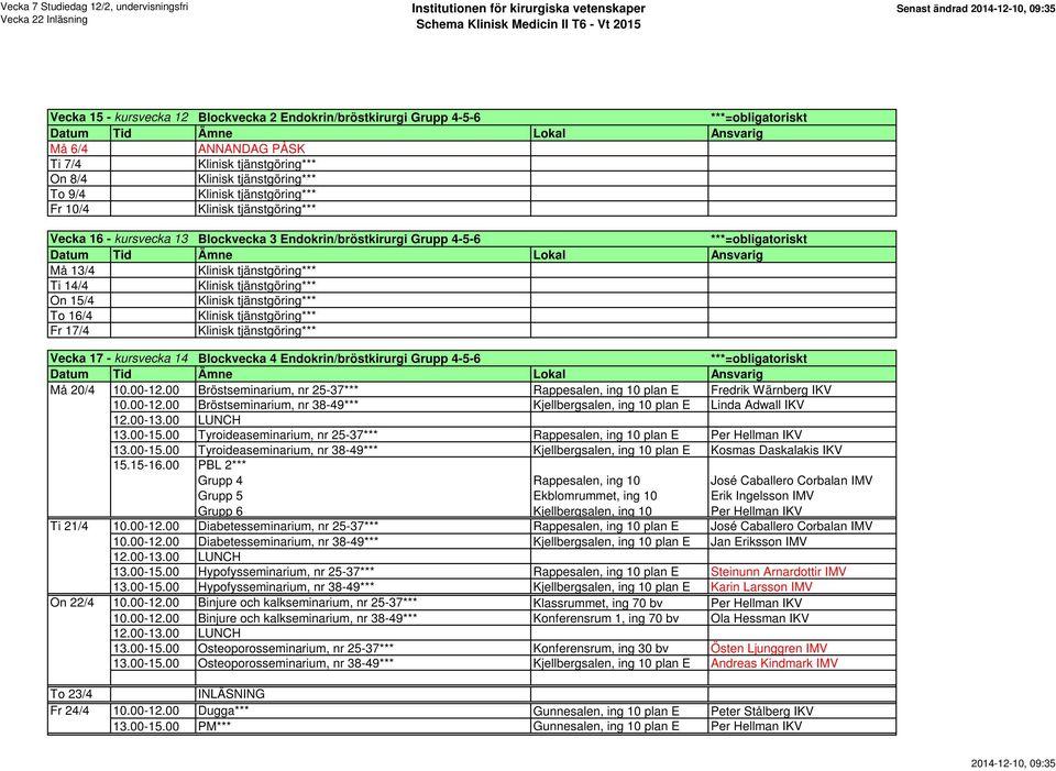 00 Bröstseminarium, nr 25-37*** Rappesalen, ing 10 plan E Fredrik Wärnberg IKV 10.00-12.00 Bröstseminarium, nr 38-49*** Kjellbergsalen, ing 10 plan E Linda Adwall IKV 13.00-15.