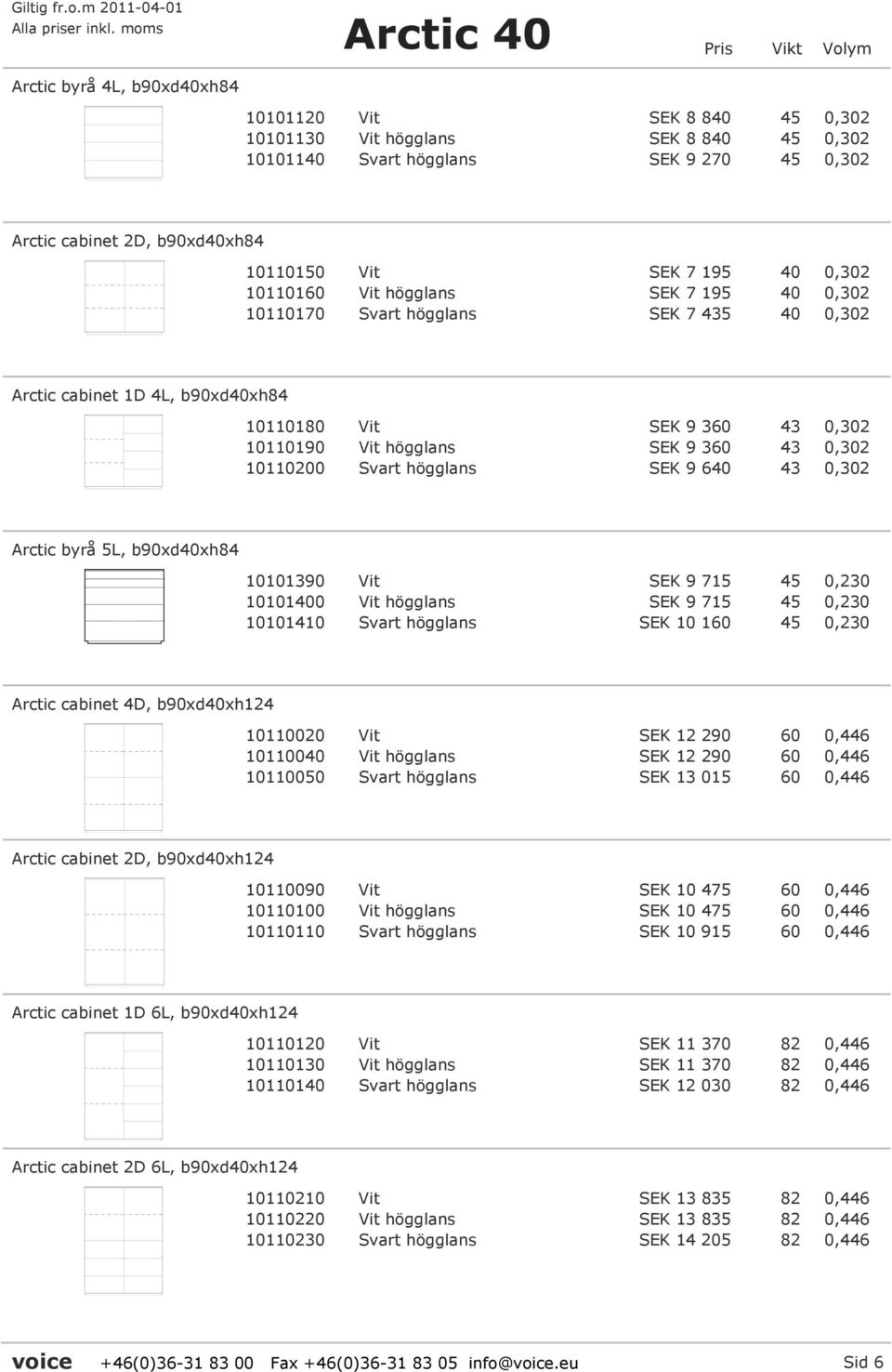 10110200 Svart högglans SEK 9 640 43 0,302 Arctic byrå 5L, b90xd40xh84 10101390 Vit SEK 9 715 45 0,230 10101400 Vit högglans SEK 9 715 45 0,230 10101410 Svart högglans SEK 10 160 45 0,230 Arctic