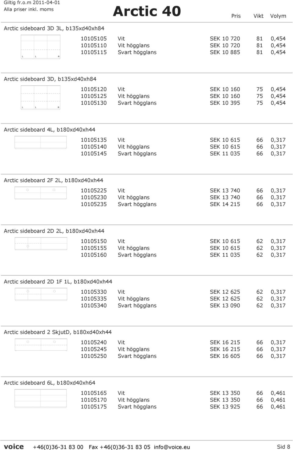 SEK 10 615 66 0,317 10105145 Svart högglans SEK 11 035 66 0,317 Arctic sideboard 2F 2L, b180xd40xh44 10105225 Vit SEK 13 740 66 0,317 10105230 Vit högglans SEK 13 740 66 0,317 10105235 Svart högglans