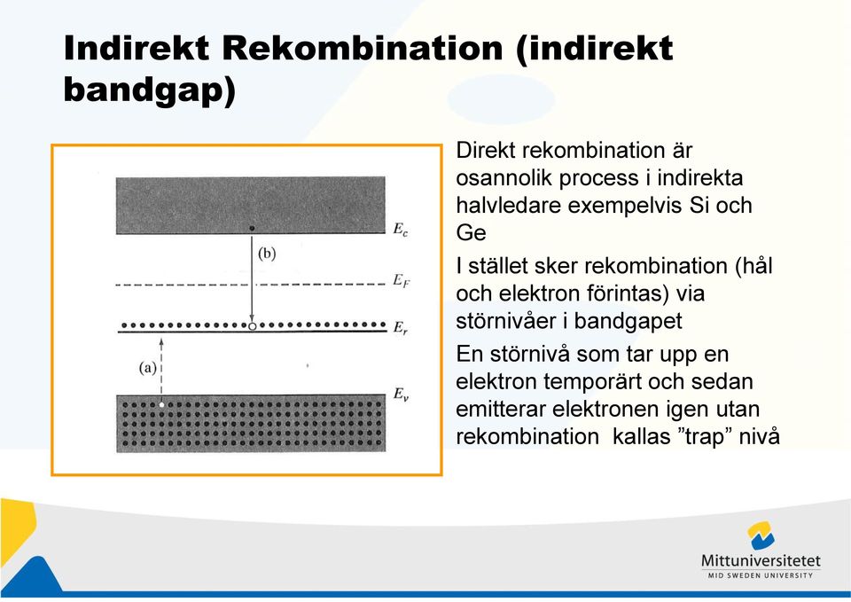 (hål och elektron förintas) via störnivåer i bandgapet En störnivå som tar upp en