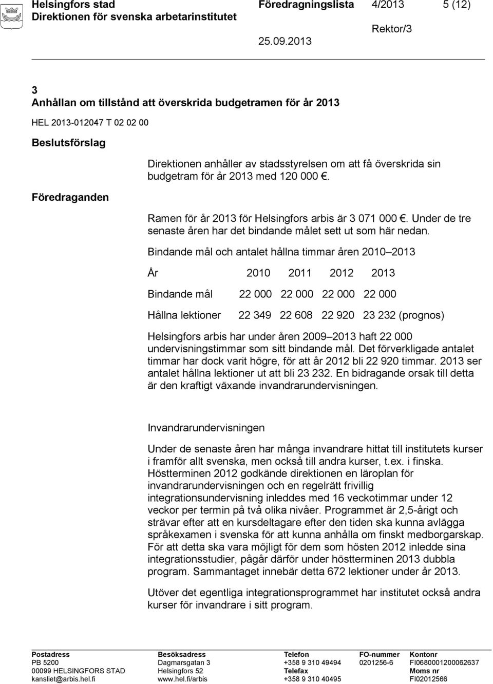 Bindande mål och antalet hållna timmar åren 2010 2013 År 2010 2011 2012 2013 Bindande mål 22 000 22 000 22 000 22 000 Hållna lektioner 22 349 22 608 22 920 23 232 (prognos) Helsingfors arbis har