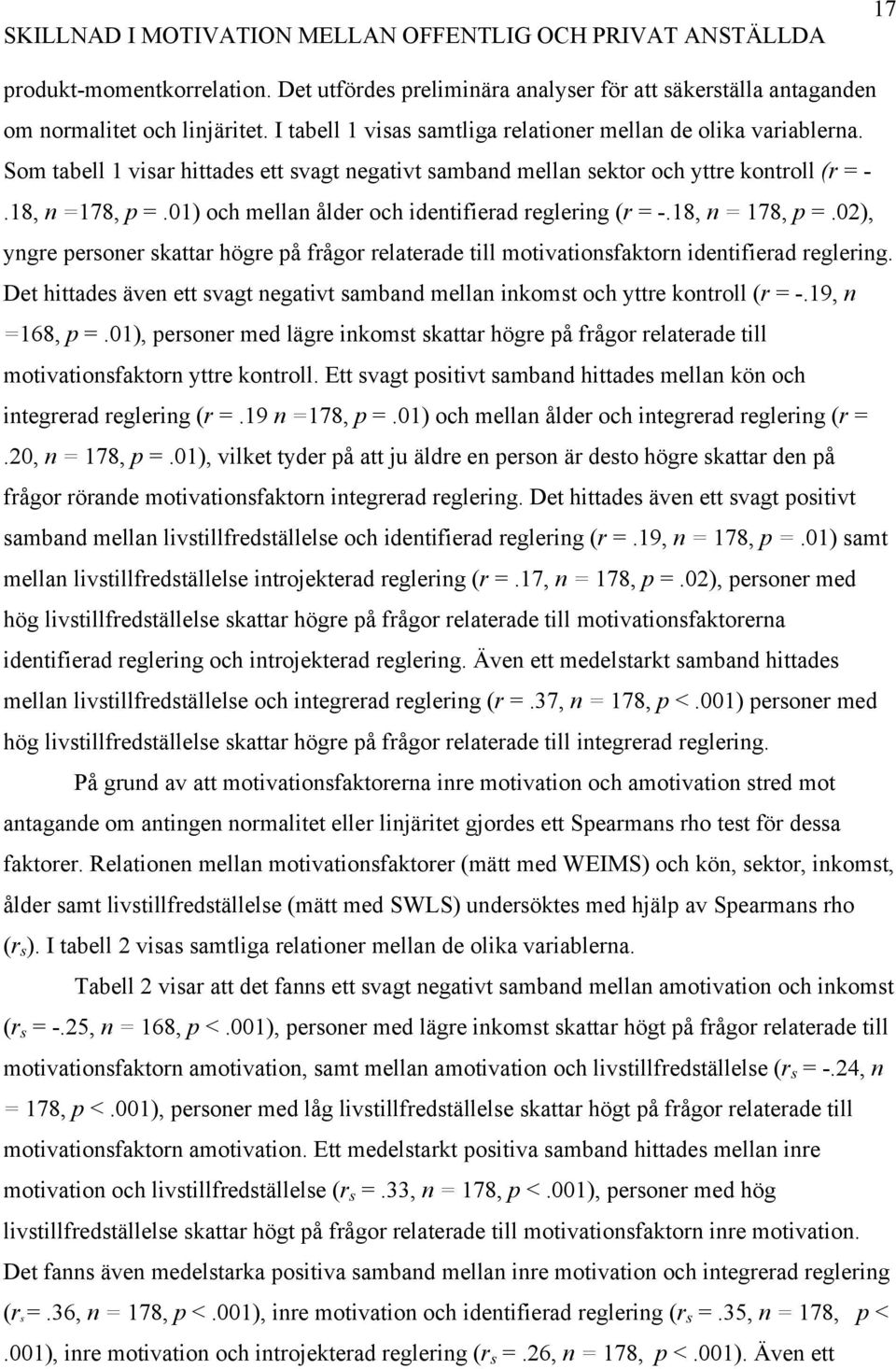 01) och mellan ålder och identifierad reglering (r = -.18, n = 178, p =.02), yngre personer skattar högre på frågor relaterade till motivationsfaktorn identifierad reglering.
