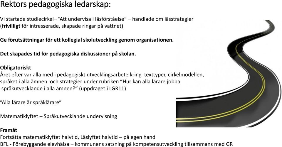 Obligatoriskt Året efter var alla med i pedagogiskt utvecklingsarbete kring texttyper, cirkelmodellen, språket i alla ämnen och strategier under rubriken Hur kan alla lärare jobba