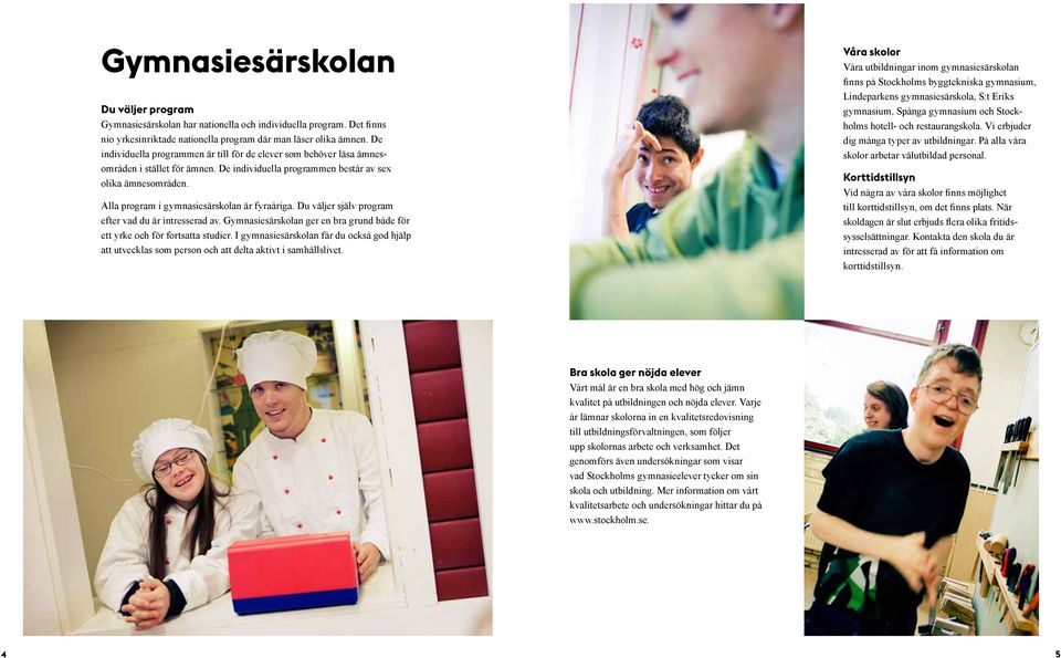 Alla program i gymnasie särskolan är fyraåriga. Du väljer själv program efter vad du är intresserad av. Gymnasie särskolan ger en bra grund både för ett yrke och för fortsatta studier.