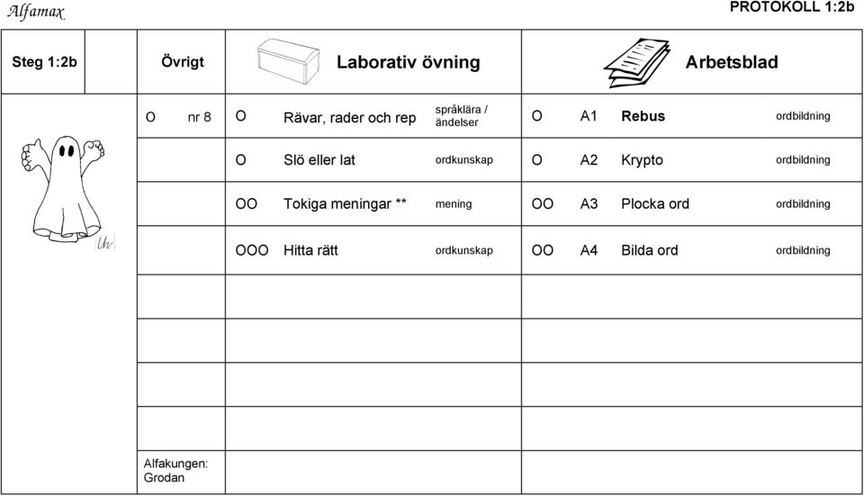 ordkunskap O A2 Krypto ordbildning OO Tokiga meningar ** mening OO A3 Plocka