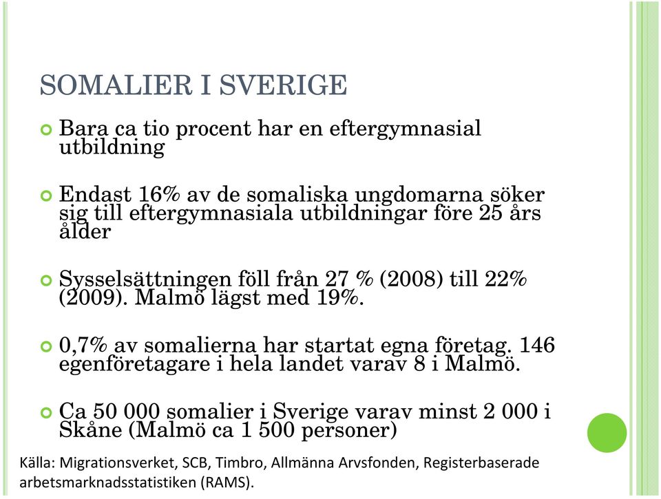 0,7% av somalierna har startat egna företag. 146 egenföretagare i hela landet varav 8 i Malmö.