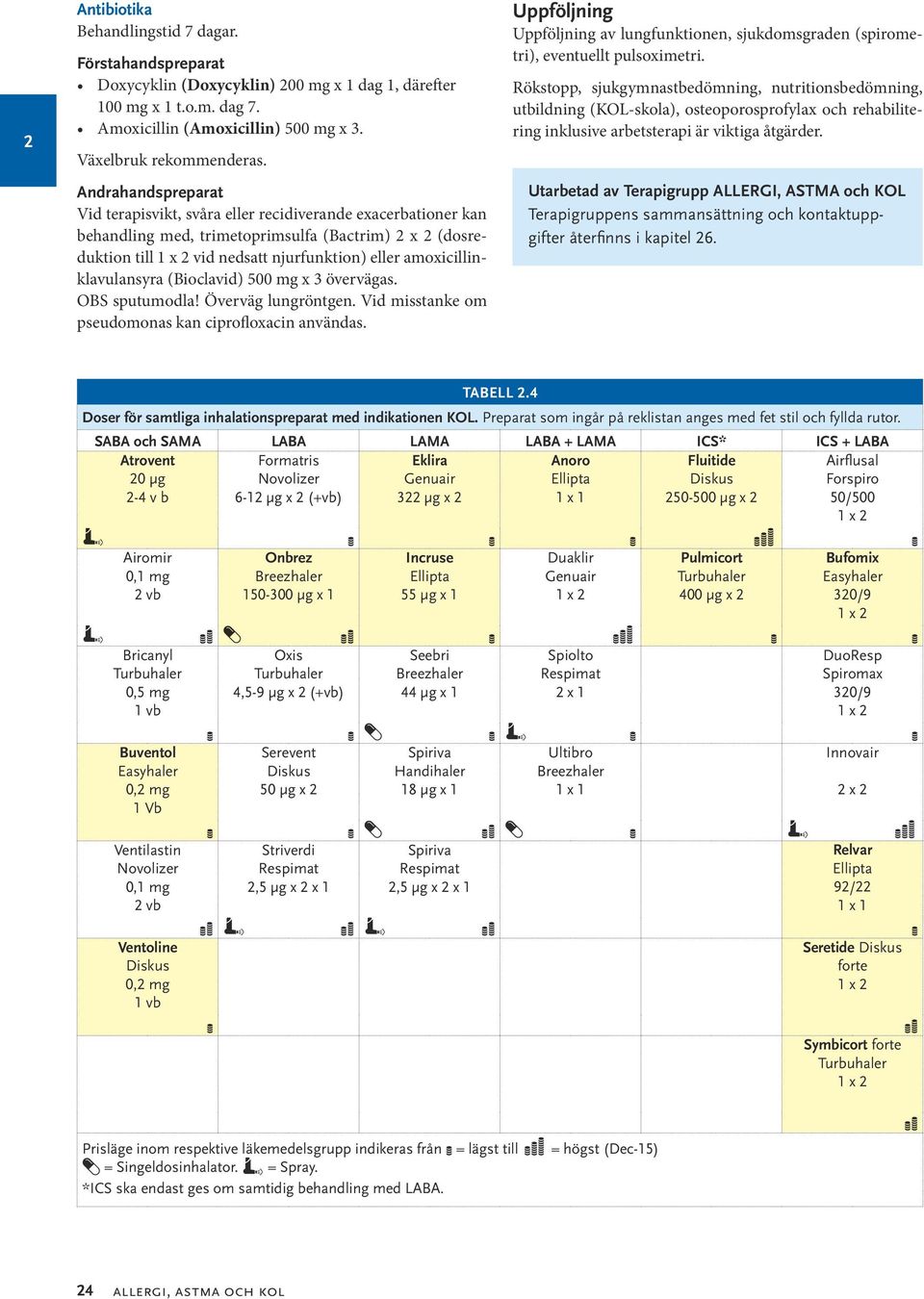 Rökstopp, sjukgymnastbedömning, nutritionsbedömning, utbildning (KOL-skola), osteoporosprofylax och rehabilitering inklusive arbetsterapi är viktiga åtgärder. Växelbruk rekommenderas.