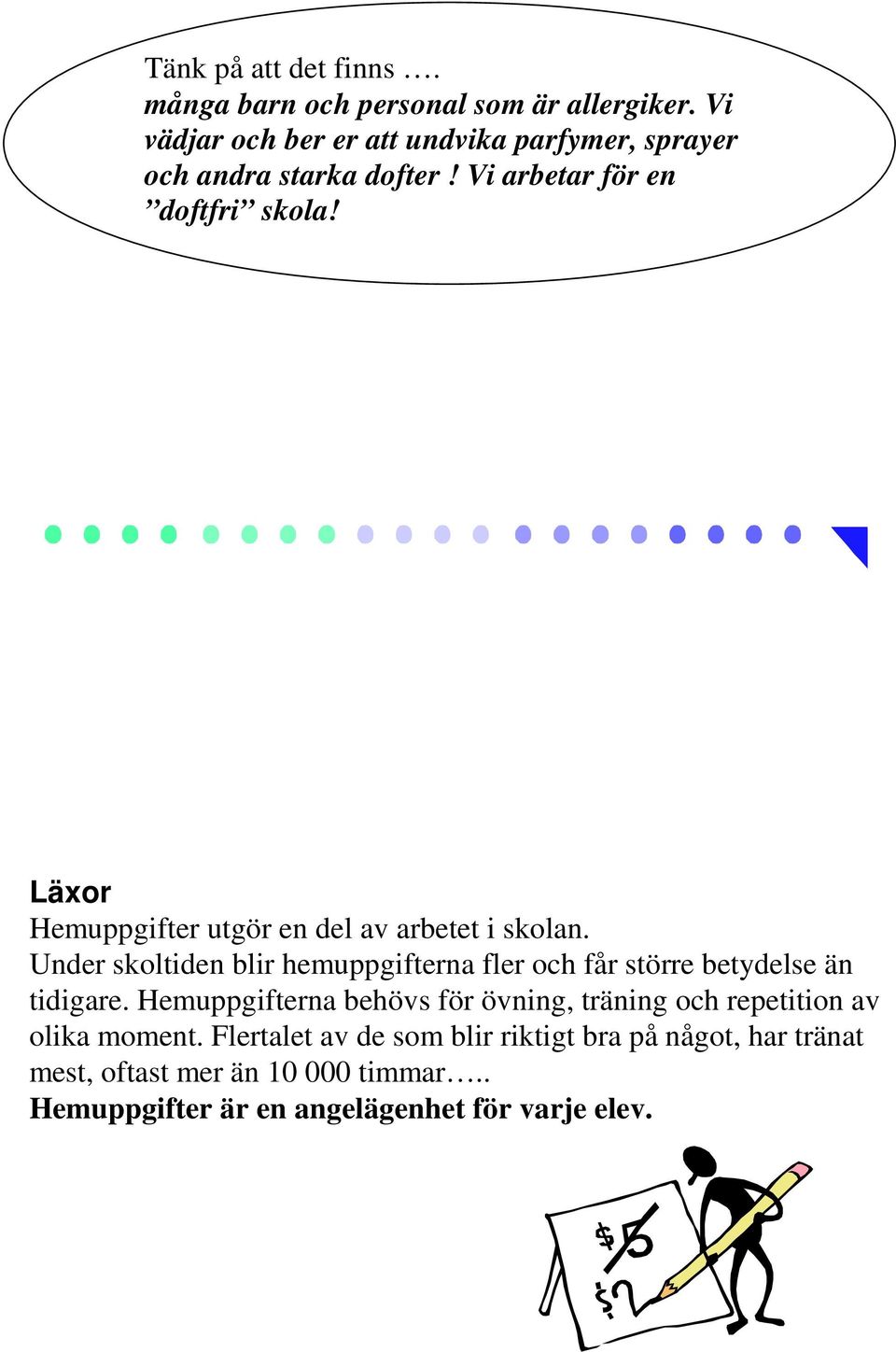 Vi arbetar 04/05 för en doftfri skola! Läxor Hemuppgifter utgör en del av arbetet i skolan.