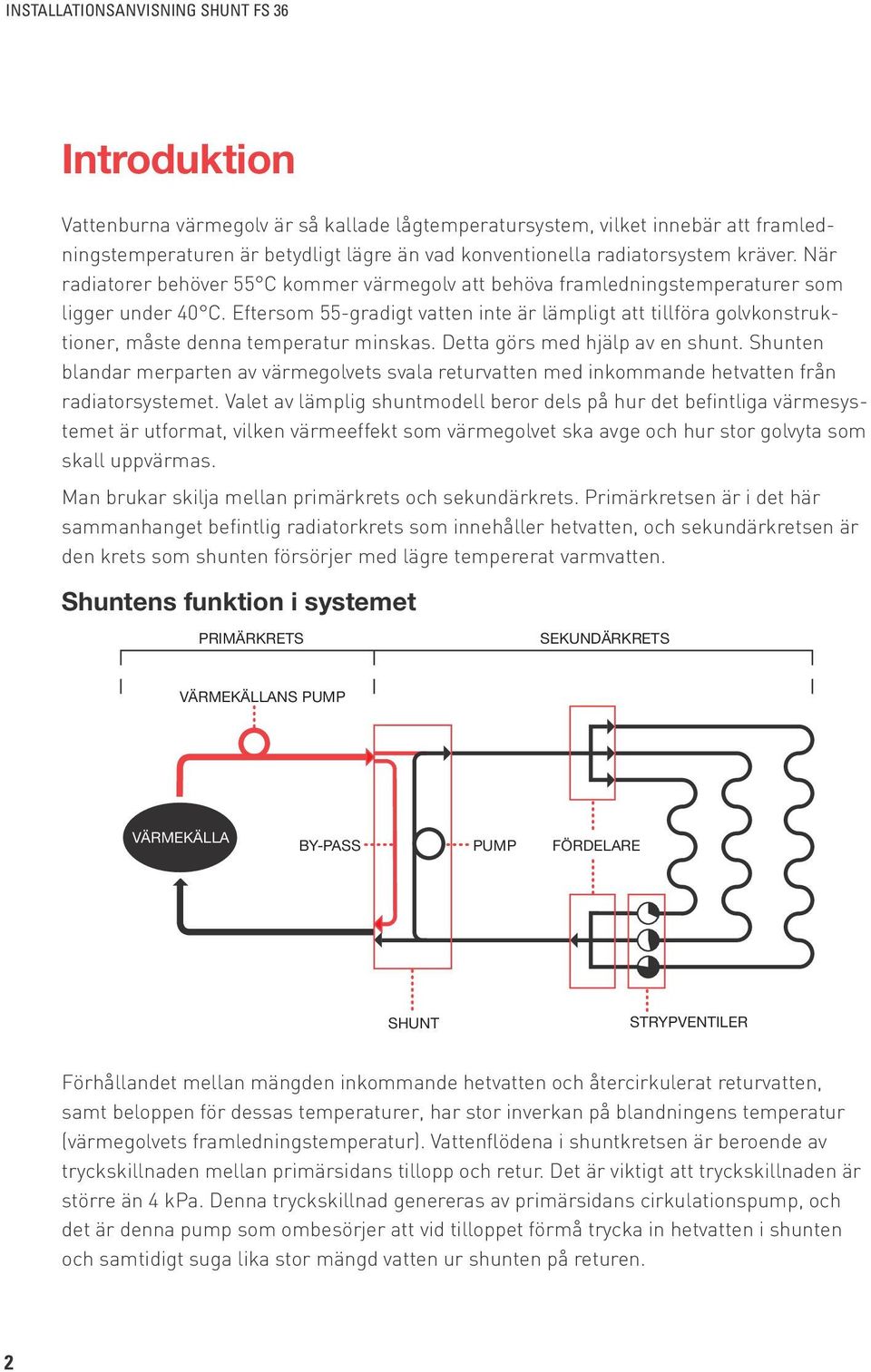 Eftersom 55-gradigt vatten inte är lämpligt att tillföra golvkonstruktioner, måste denna temperatur minskas. Detta görs med hjälp av en shunt.