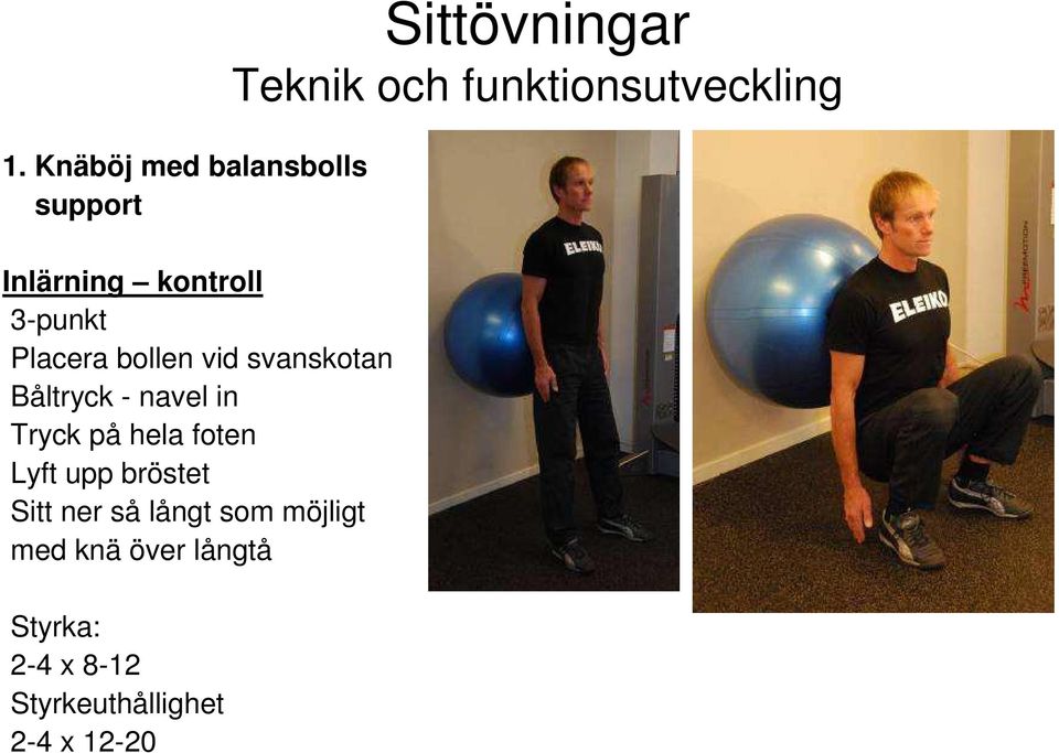 ner så långt som möjligt med knä över långtå Styrka: