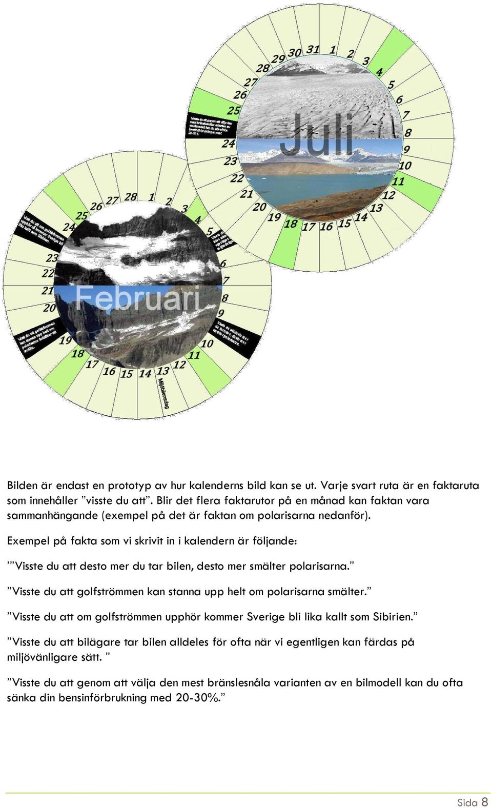 Exempel på fakta som vi skrivit in i kalendern är följande: Visste du att desto mer du tar bilen, desto mer smälter polarisarna.