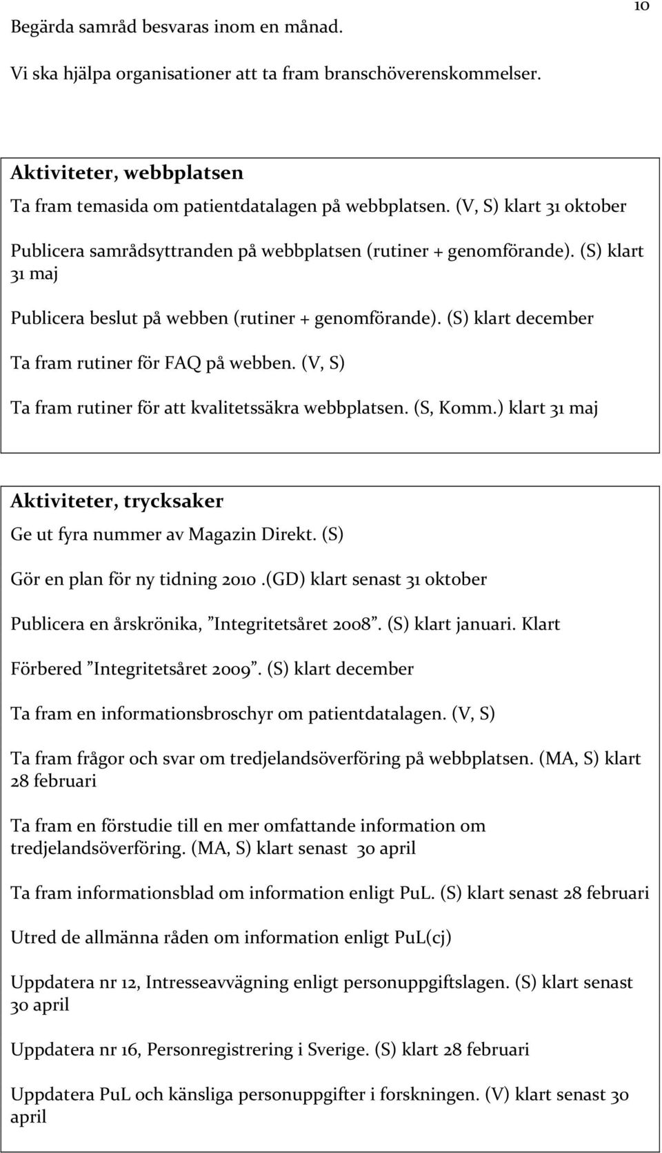 (S) klart december Ta fram rutiner för FAQ på webben. (V, S) Ta fram rutiner för att kvalitetssäkra webbplatsen. (S, Komm.) klart 31 maj Aktiviteter, trycksaker Ge ut fyra nummer av Magazin Direkt.