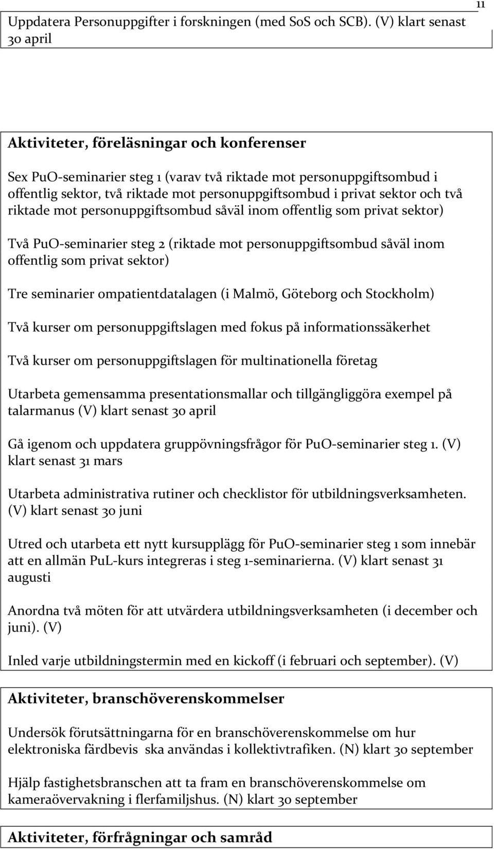 privat sektor och två riktade mot personuppgiftsombud såväl inom offentlig som privat sektor) Två PuO seminarier steg 2 (riktade mot personuppgiftsombud såväl inom offentlig som privat sektor) Tre