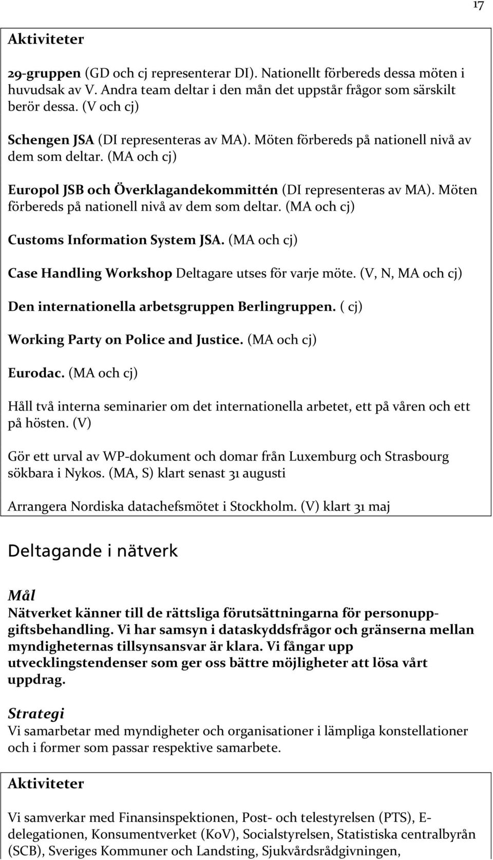 Möten förbereds på nationell nivå av dem som deltar. (MA och cj) Customs Information System JSA. (MA och cj) Case Handling Workshop Deltagare utses för varje möte.