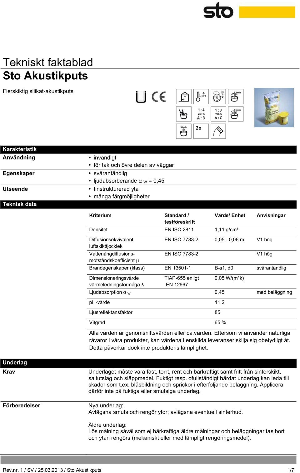 7783-2 0,05-0,06 m V1 hög EN ISO 7783-2 V1 hög Brandegenskaper (klass) EN 13501-1 B-s1, d0 svårantändlig Dimensioneringsvärde värmeledningsförmåga TIAP-655 enligt EN 12667 0,05 W/(m*k) Ljudabsorption