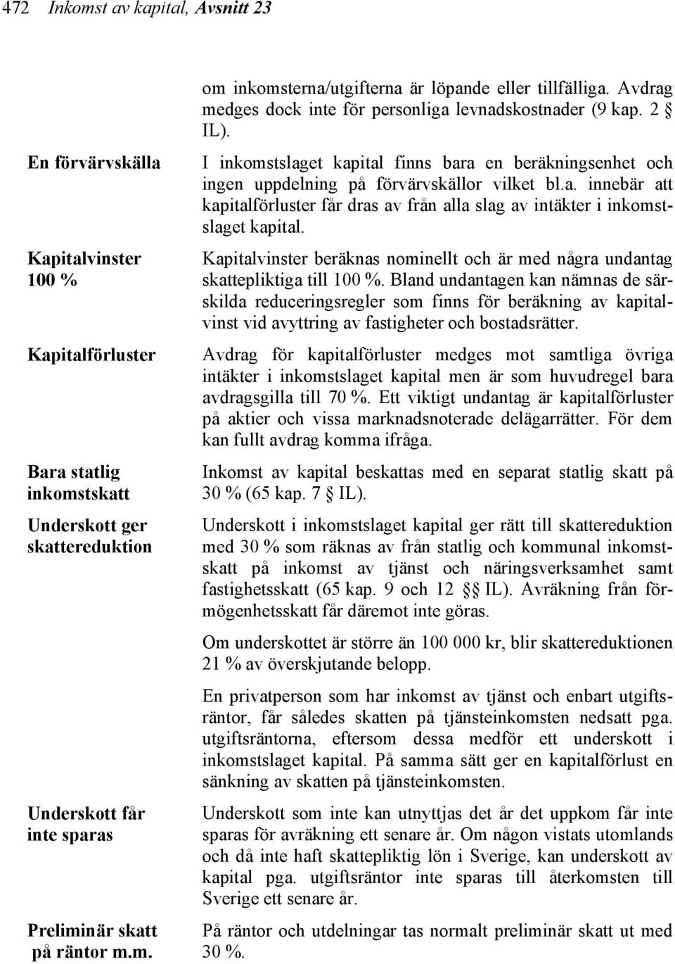 2 I inkomstslaget kapital finns bara en beräkningsenhet och ingen uppdelning på förvärvskällor vilket bl.a. innebär att kapitalförluster får dras av från alla slag av intäkter i inkomstslaget kapital.