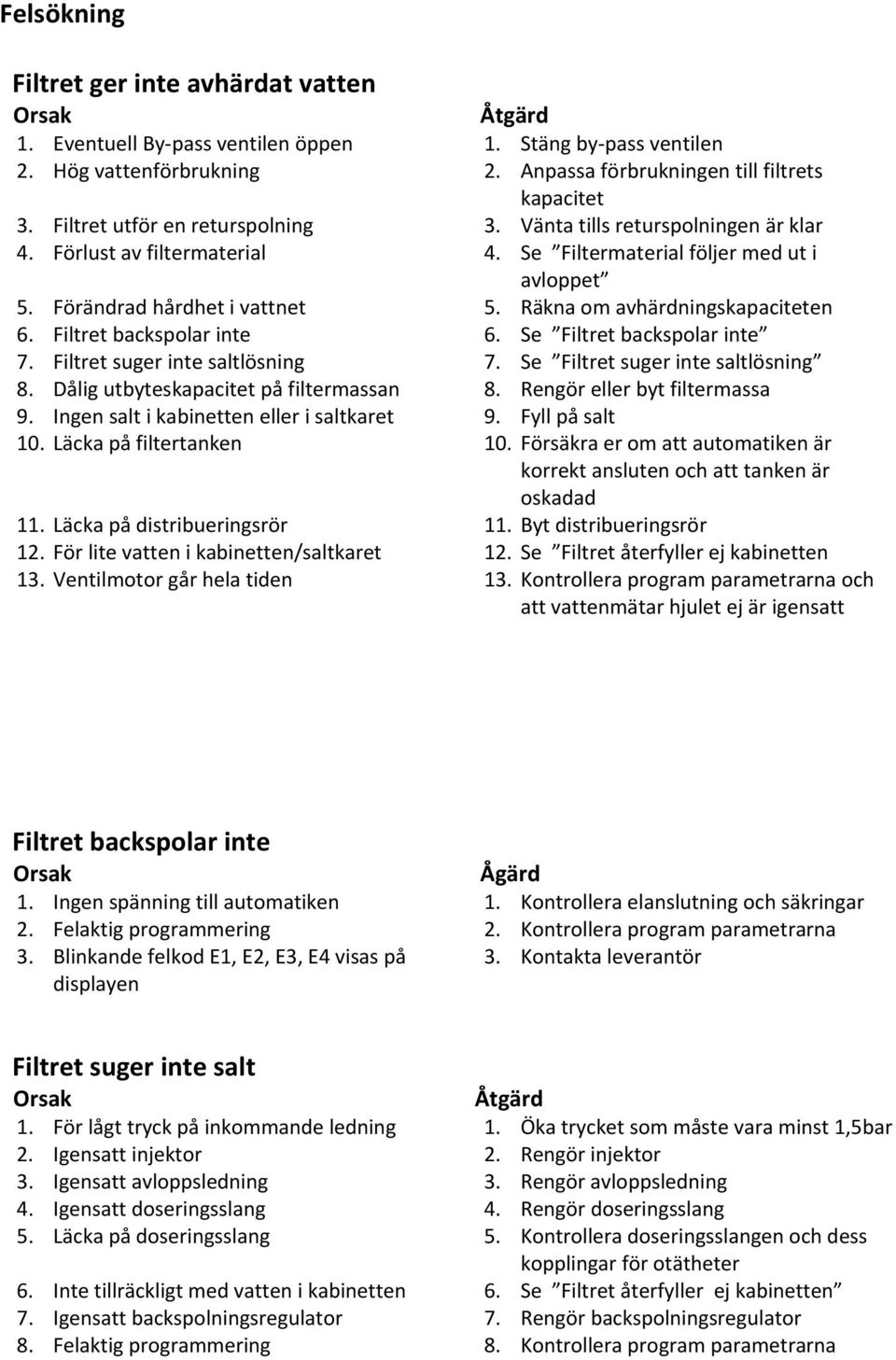 Räkna om avhärdningskapaciteten 6. Filtret backspolar inte 6. Se Filtret backspolar inte 7. Filtret suger inte saltlösning 7. Se Filtret suger inte saltlösning 8.