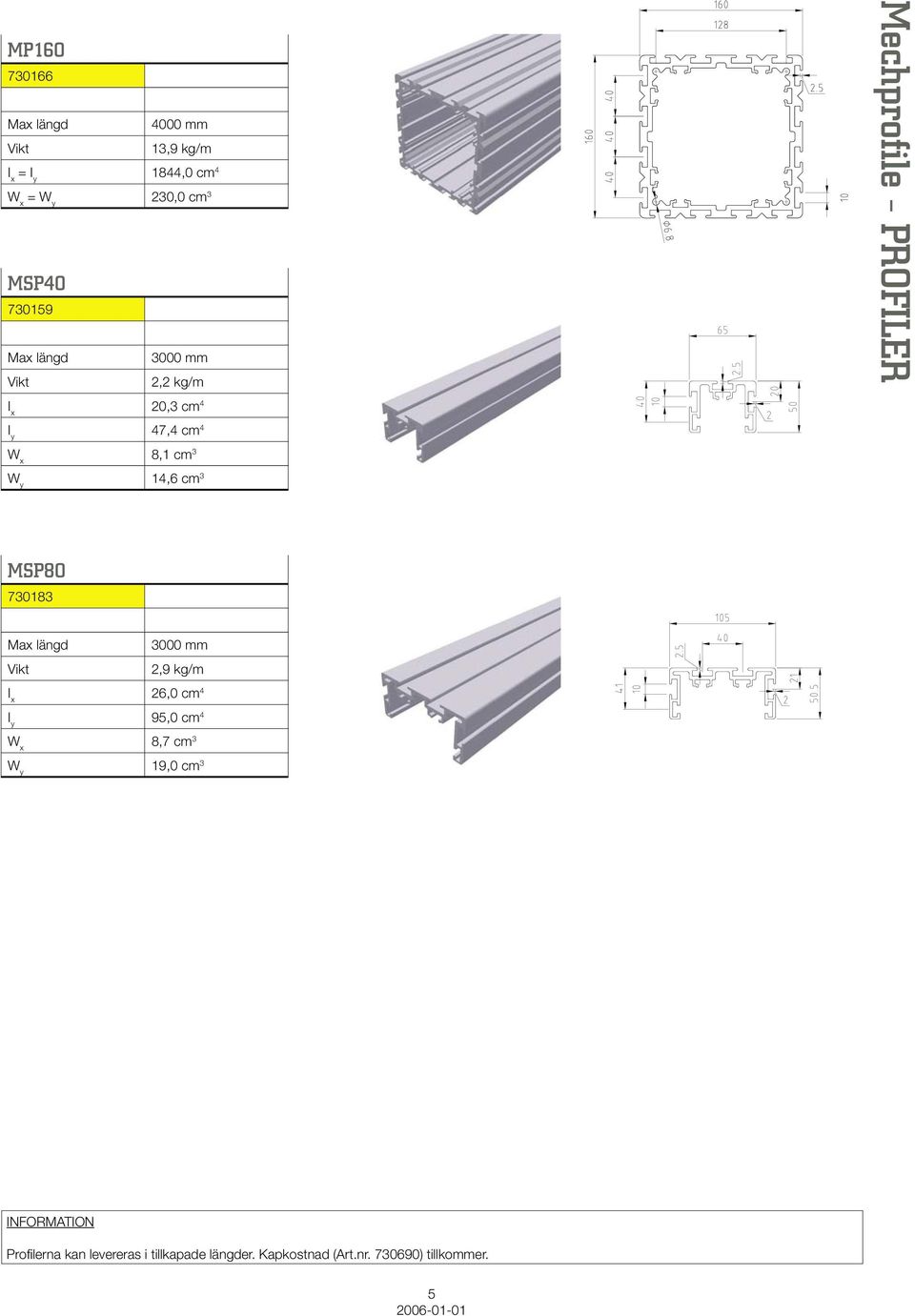 Mechprofile - PROFILER MSP80 730183 Max längd 3000 mm Vikt 2,9 kg/m I x 26,0 cm 4 I y 95,0 cm 4 W x