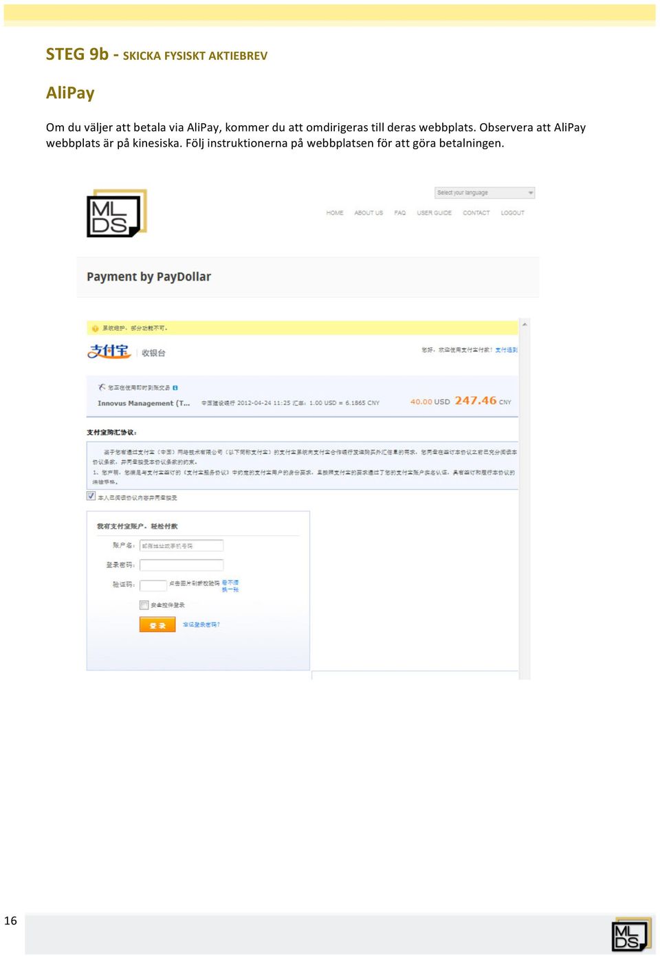 webbplats. Observera att AliPay webbplats är på kinesiska.