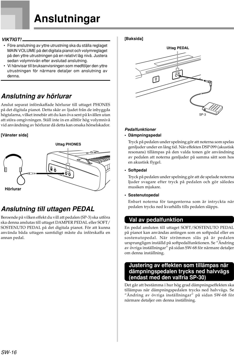 [Baksida] Uttag PEDAL Anslutning av hörlurar Anslut separat införskaffade hörlurar till uttaget PHONES på det digitala pianot.