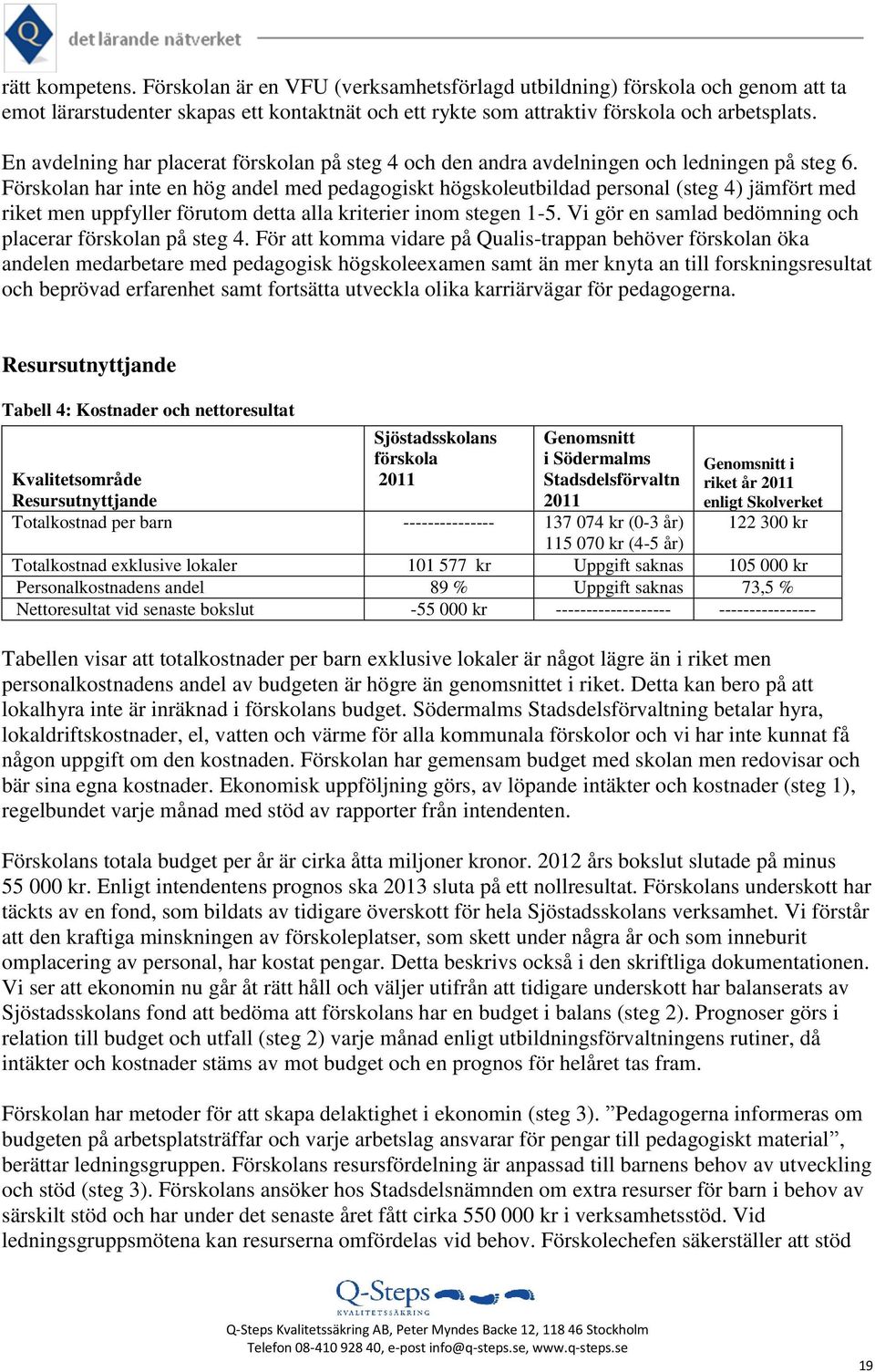 Förskolan har inte en hög andel med pedagogiskt högskoleutbildad personal (steg 4) jämfört med riket men uppfyller förutom detta alla kriterier inom stegen 1-5.